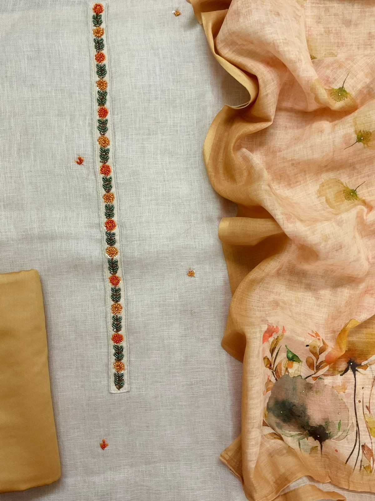 Soft Linen Jute Cotton Printed Embroidered Suit - Beige