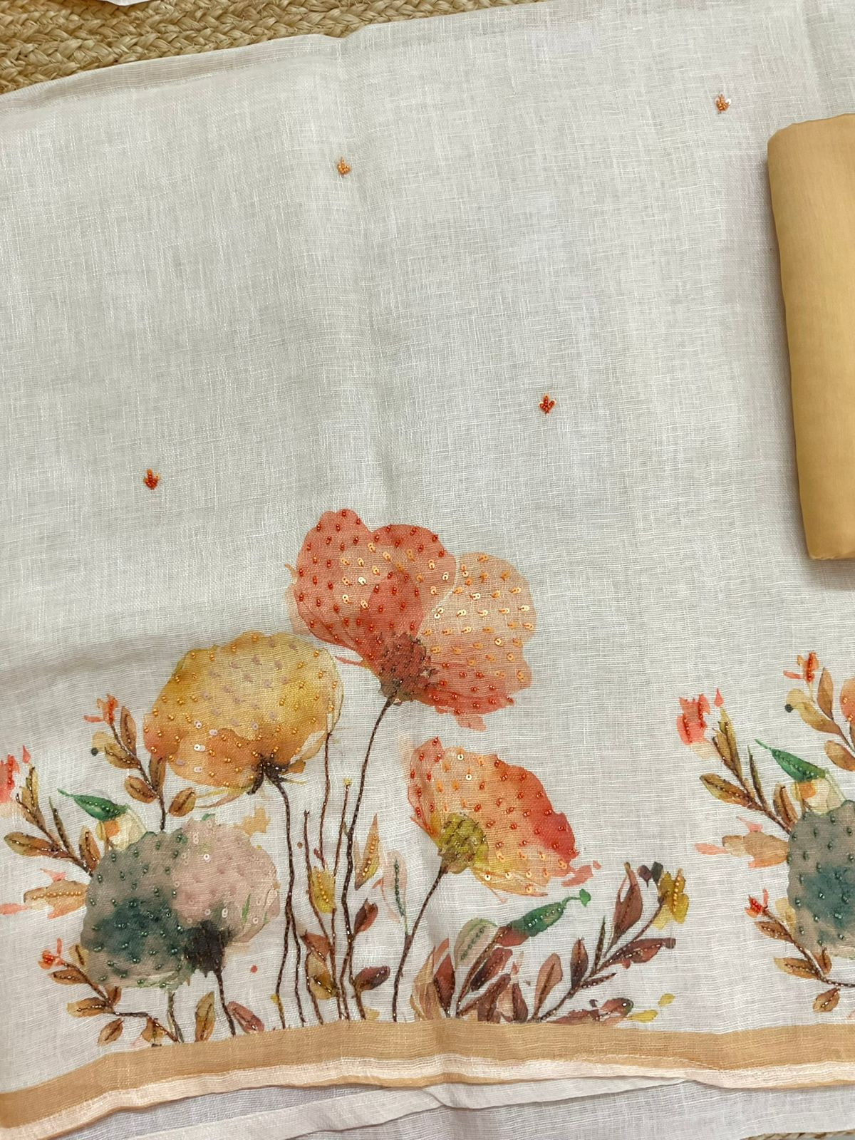 Soft Linen Jute Cotton Printed Embroidered Suit - Beige