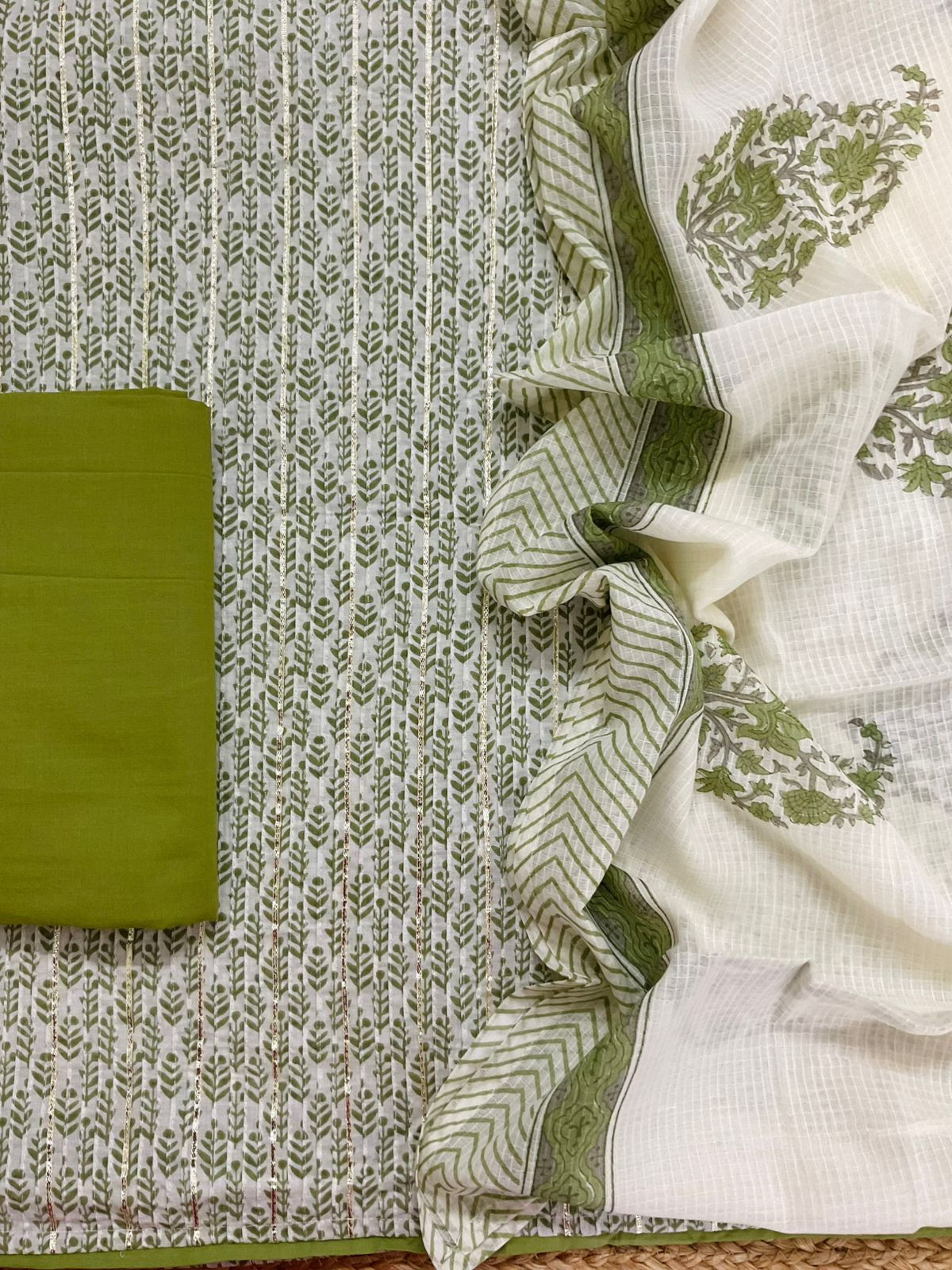 Pure Cotton Printed Embroidered Suit - Green