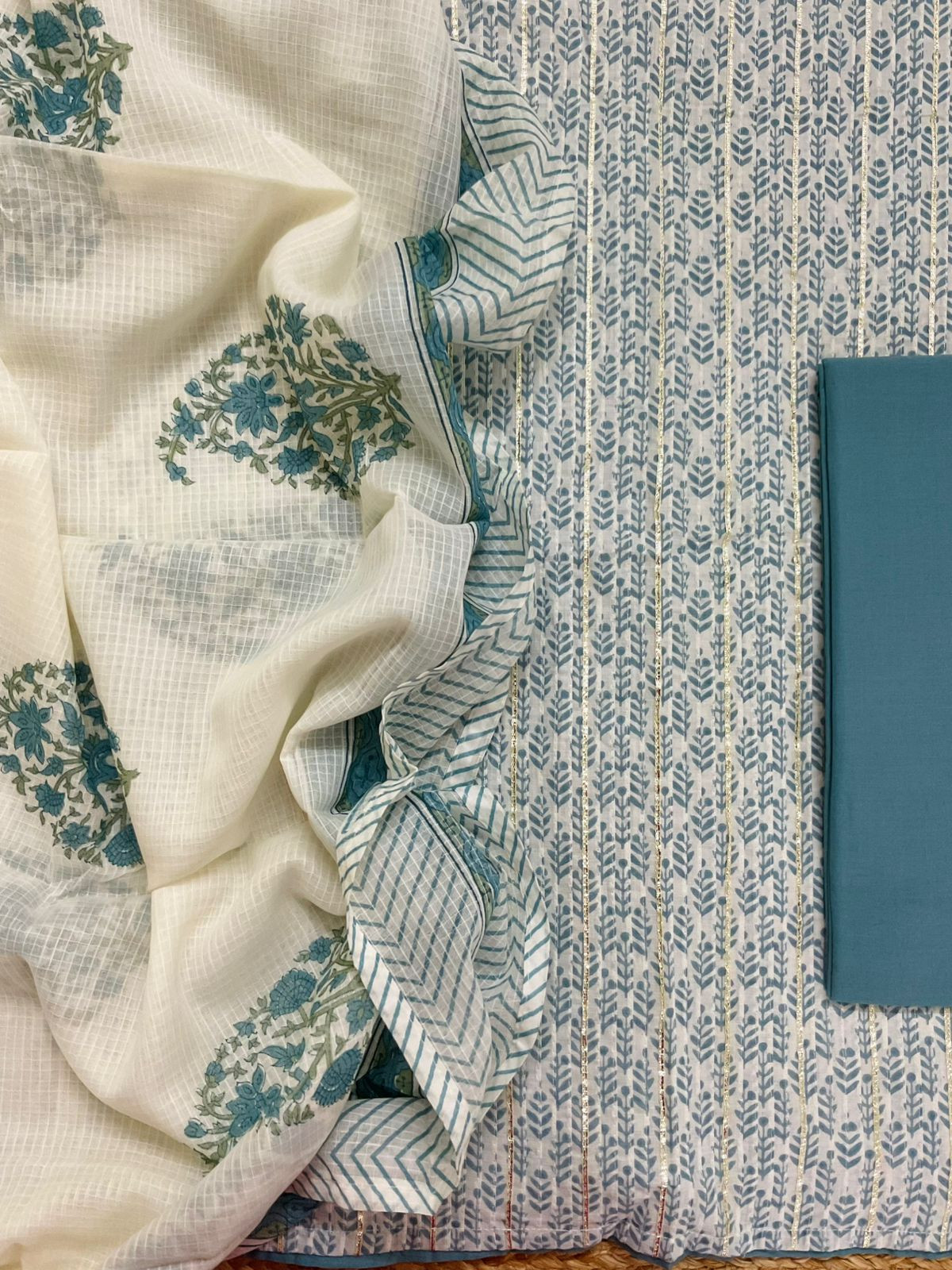 Pure Cotton Printed Embroidered Suit - Blue