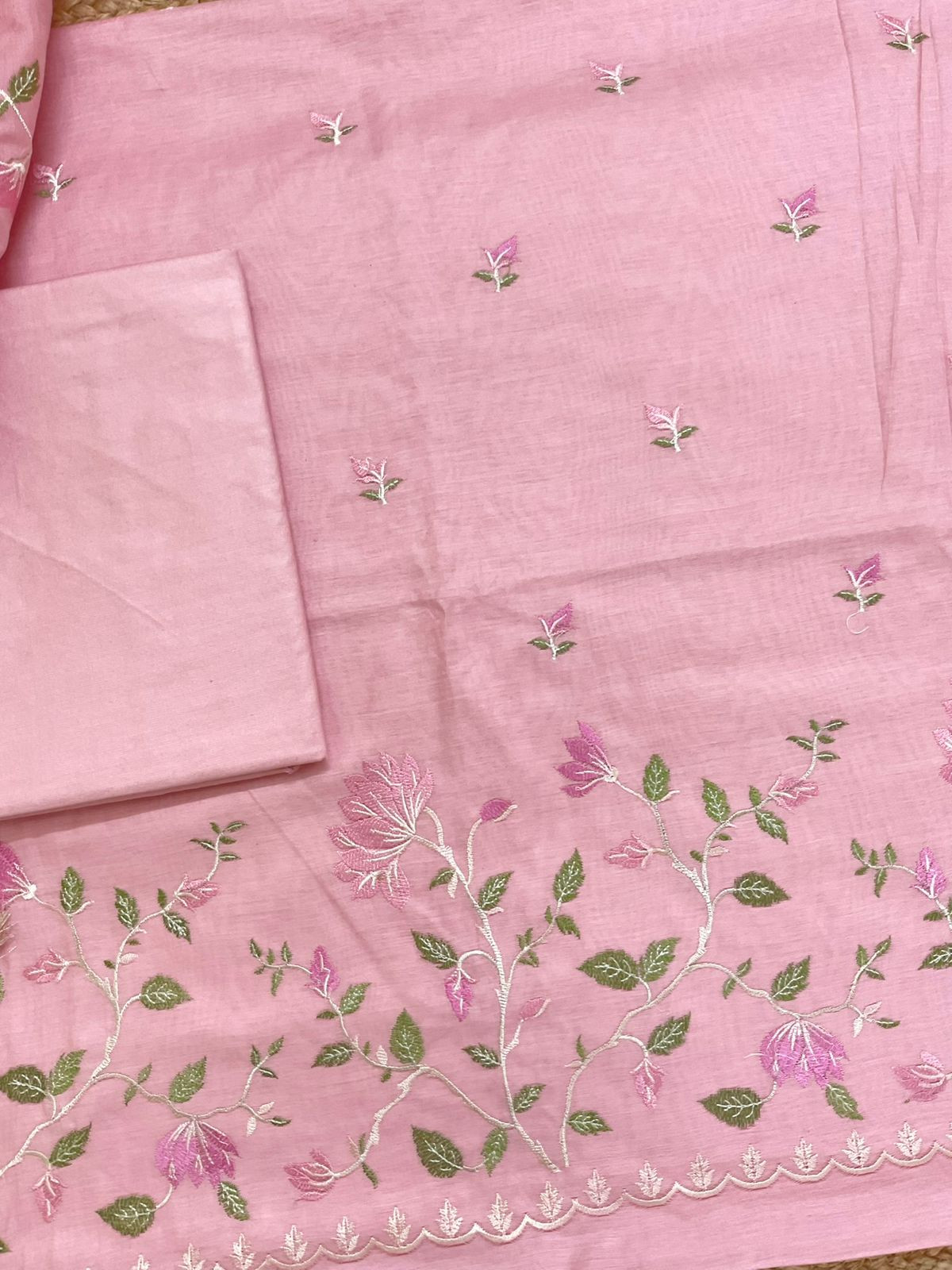 Soft Fine Chanderi Embroidered Suit - Pink