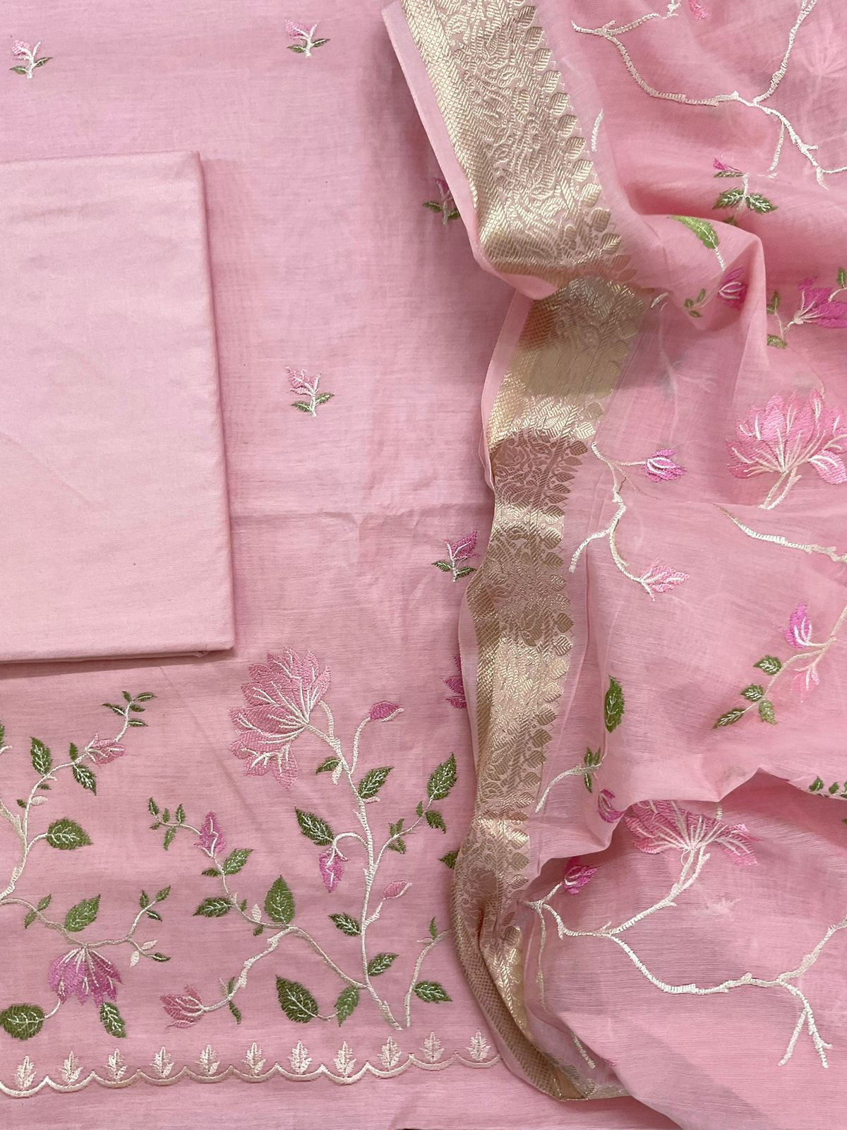 Soft Fine Chanderi Embroidered Suit - Pink