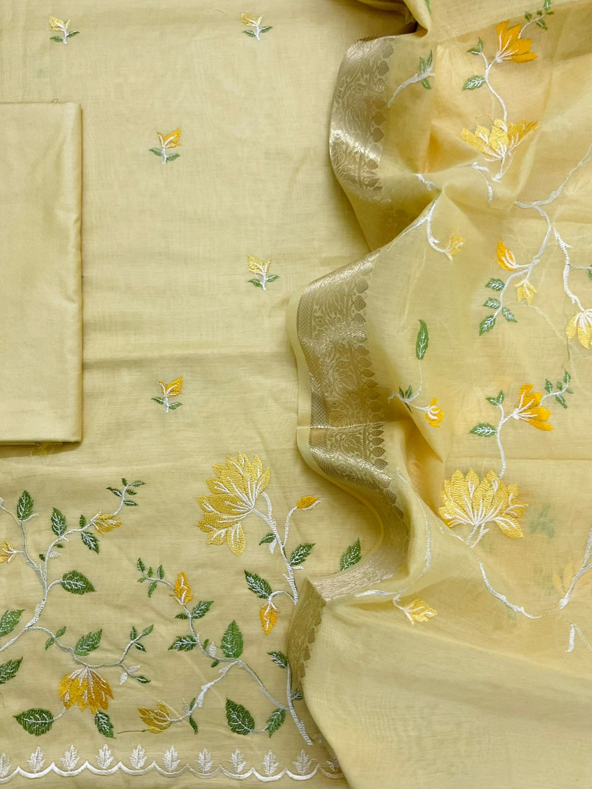 Soft Fine Chanderi Embroidered Suit - Yellow
