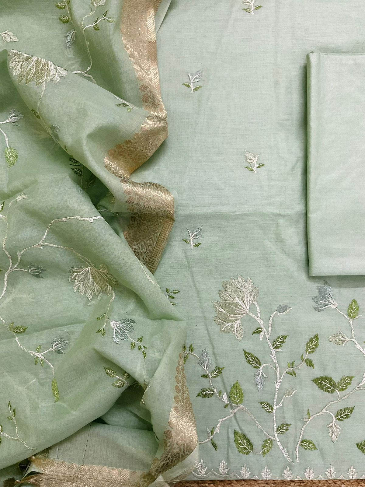 Soft Fine Chanderi Embroidered Suit - Green