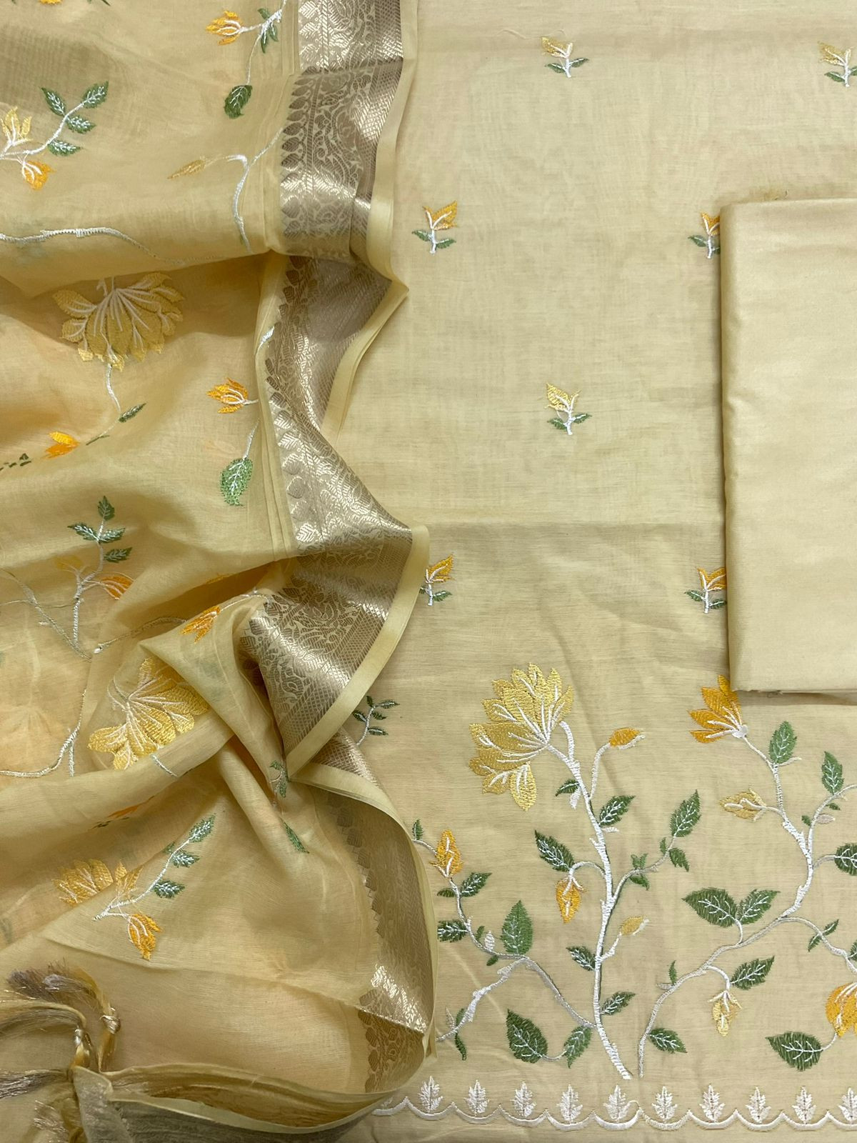 Soft Fine Chanderi Embroidered Suit - Yellow