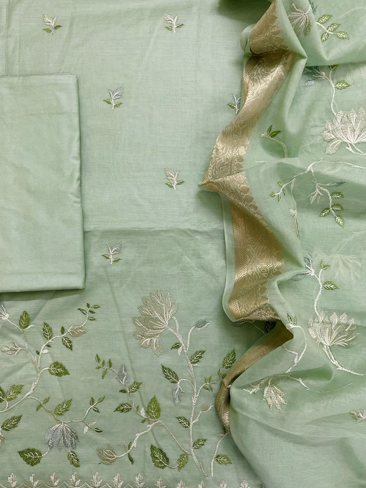Soft Fine Chanderi Embroidered Suit - Green