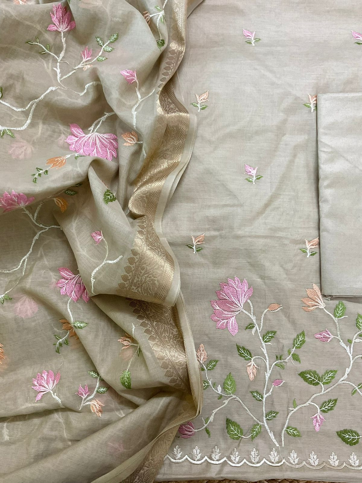 Soft Fine Chanderi Embroidered Suit - Beige