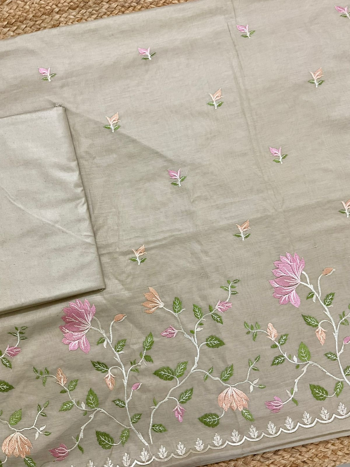 Soft Fine Chanderi Embroidered Suit - Beige