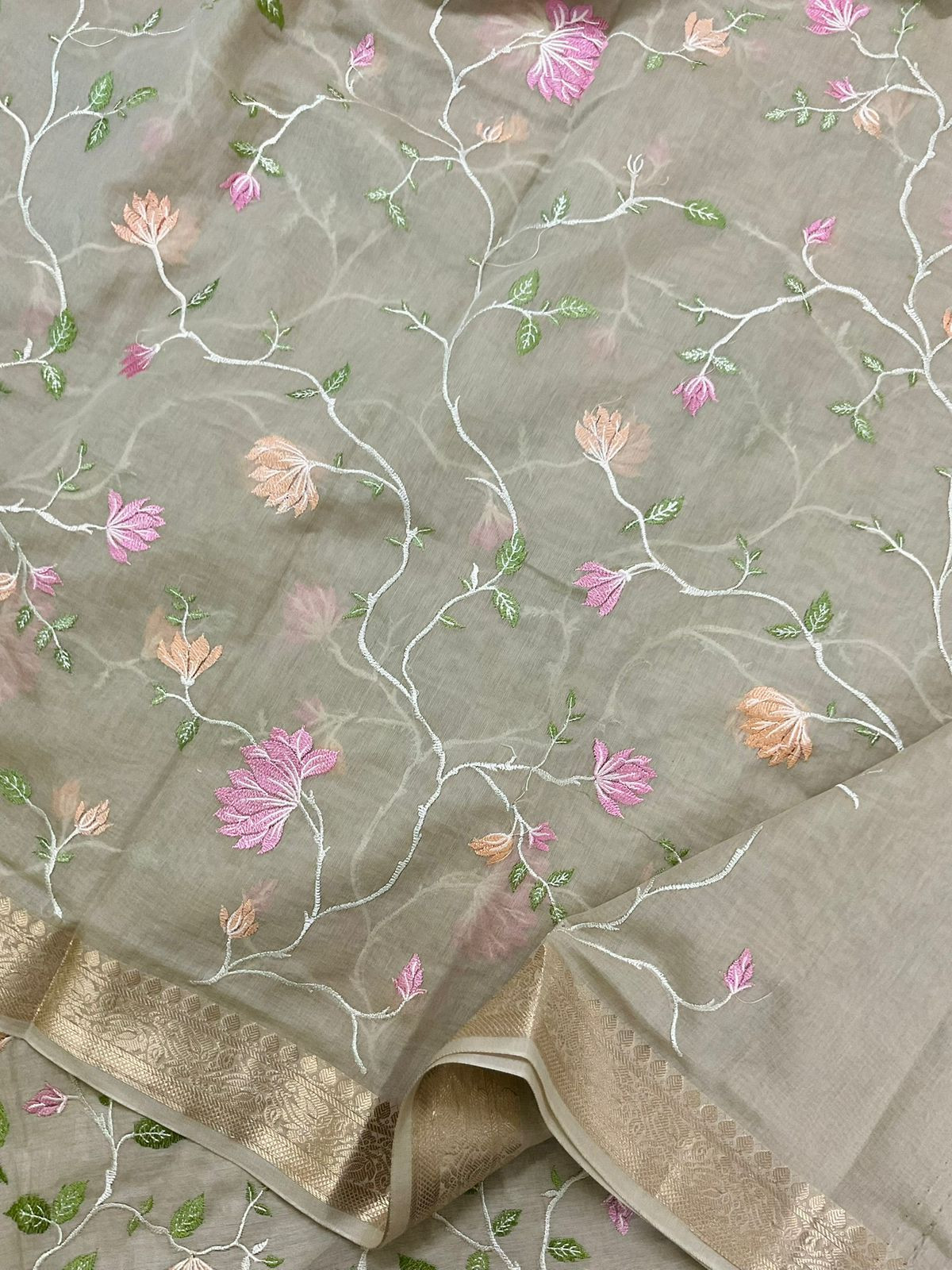 Soft Fine Chanderi Embroidered Suit - Beige