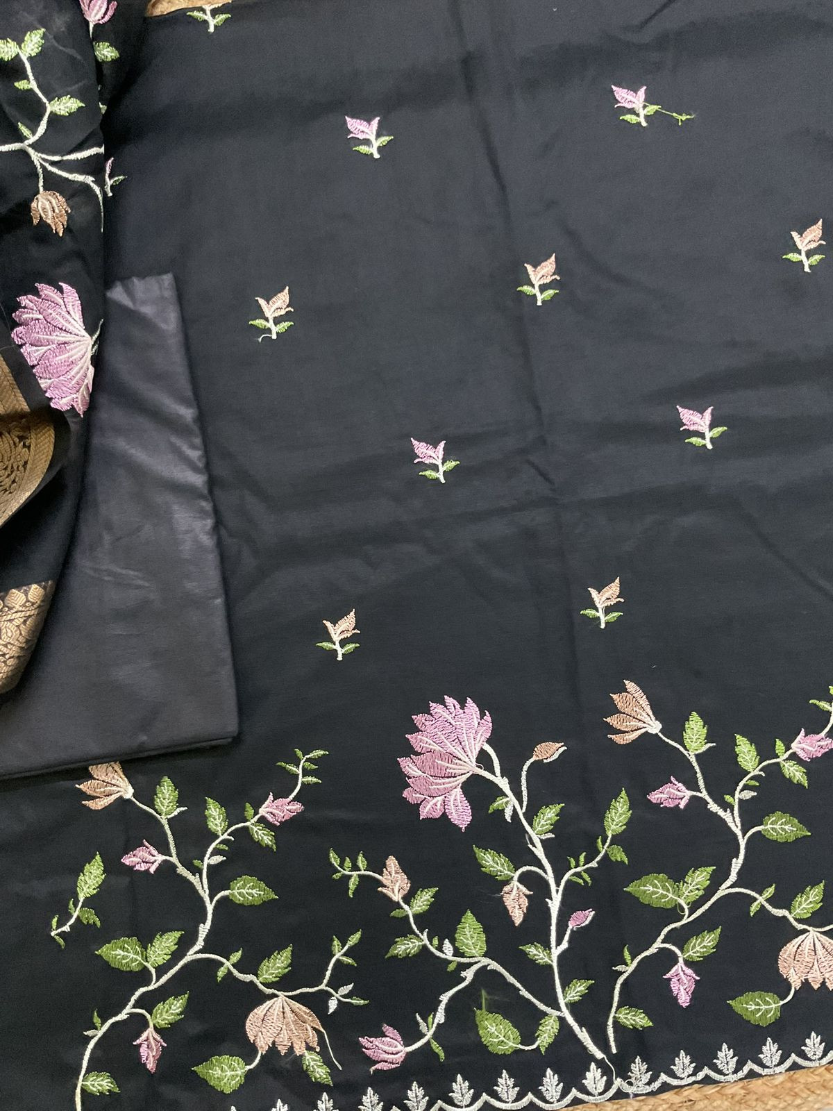 Soft Fine Chanderi Embroidered Suit - Black