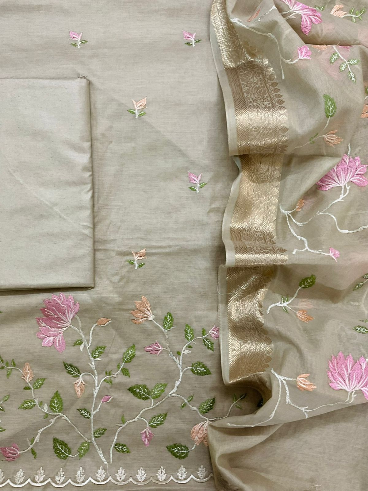 Soft Fine Chanderi Embroidered Suit - Beige
