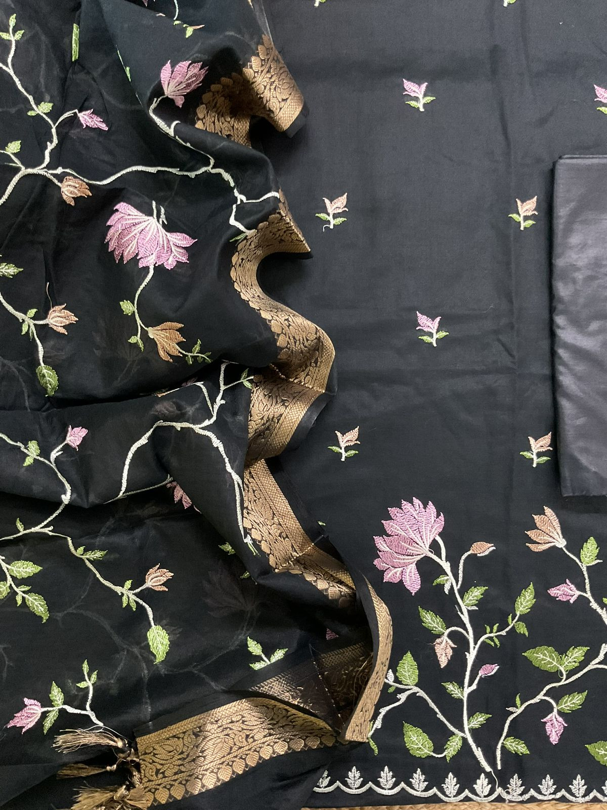 Soft Fine Chanderi Embroidered Suit - Black