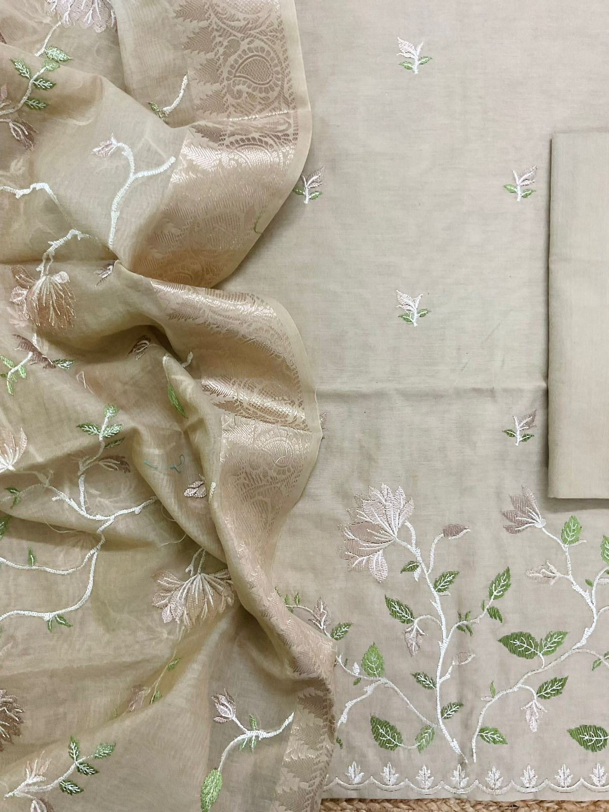 Soft Fine Chanderi Embroidered Suit - Beige