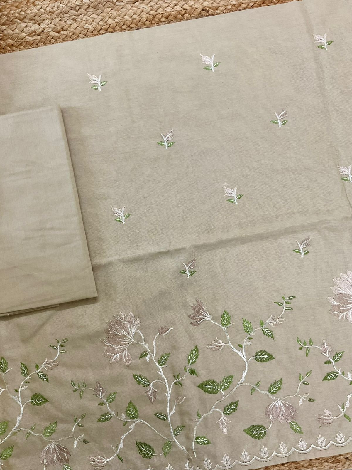 Soft Fine Chanderi Embroidered Suit - Beige