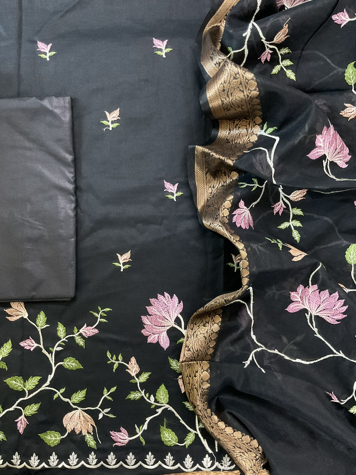 Soft Fine Chanderi Embroidered Suit - Black