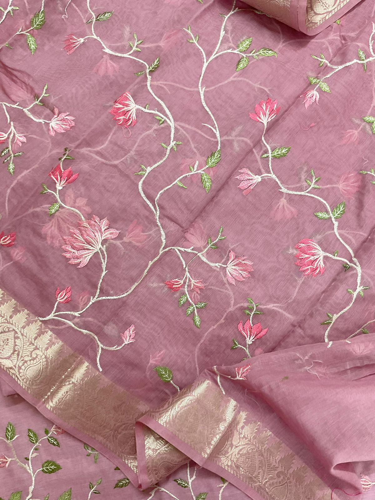 Soft Fine Chanderi Embroidered Suit - Onion Pink