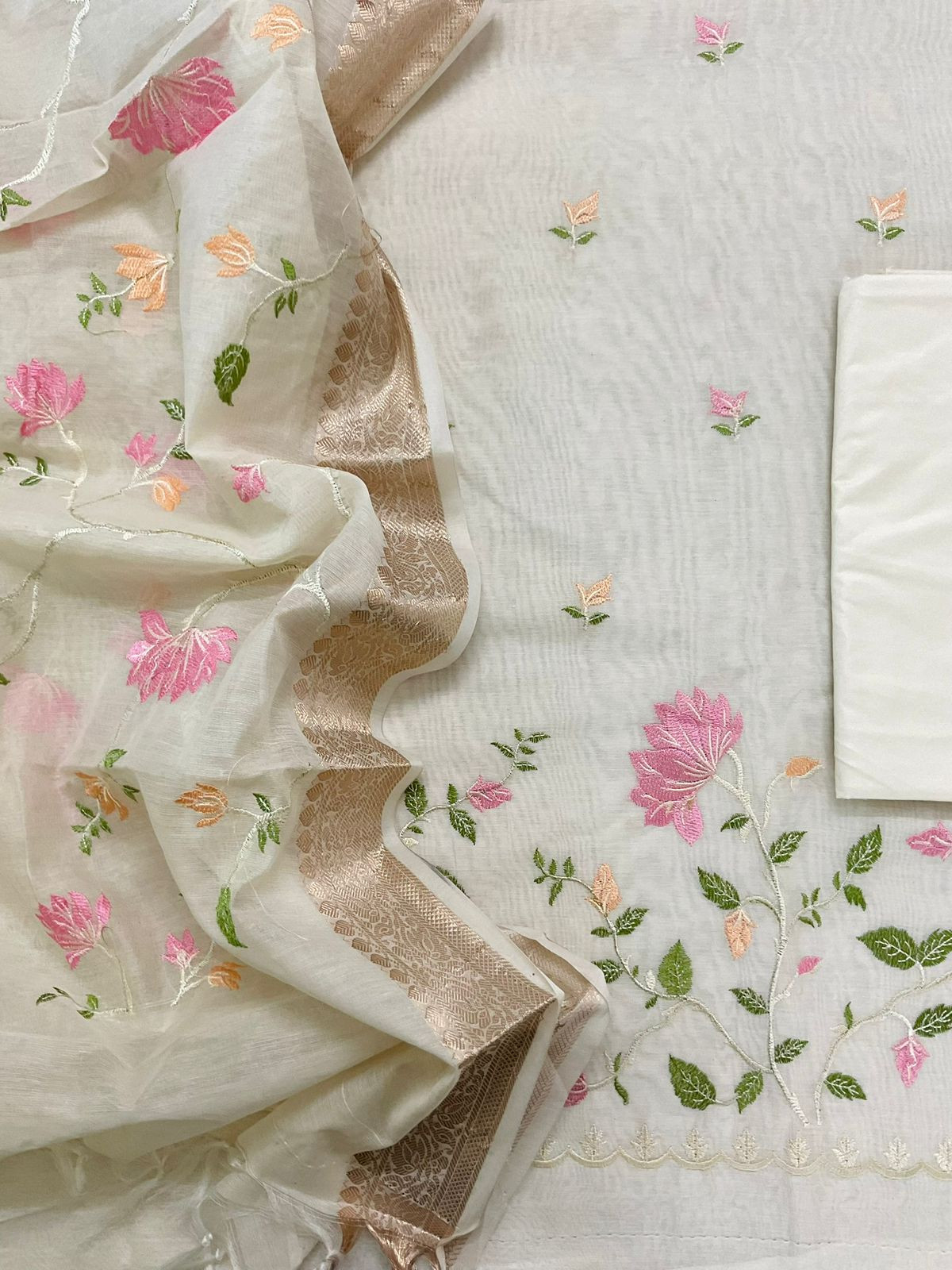 Soft Fine Chanderi Embroidered Suit - Off White