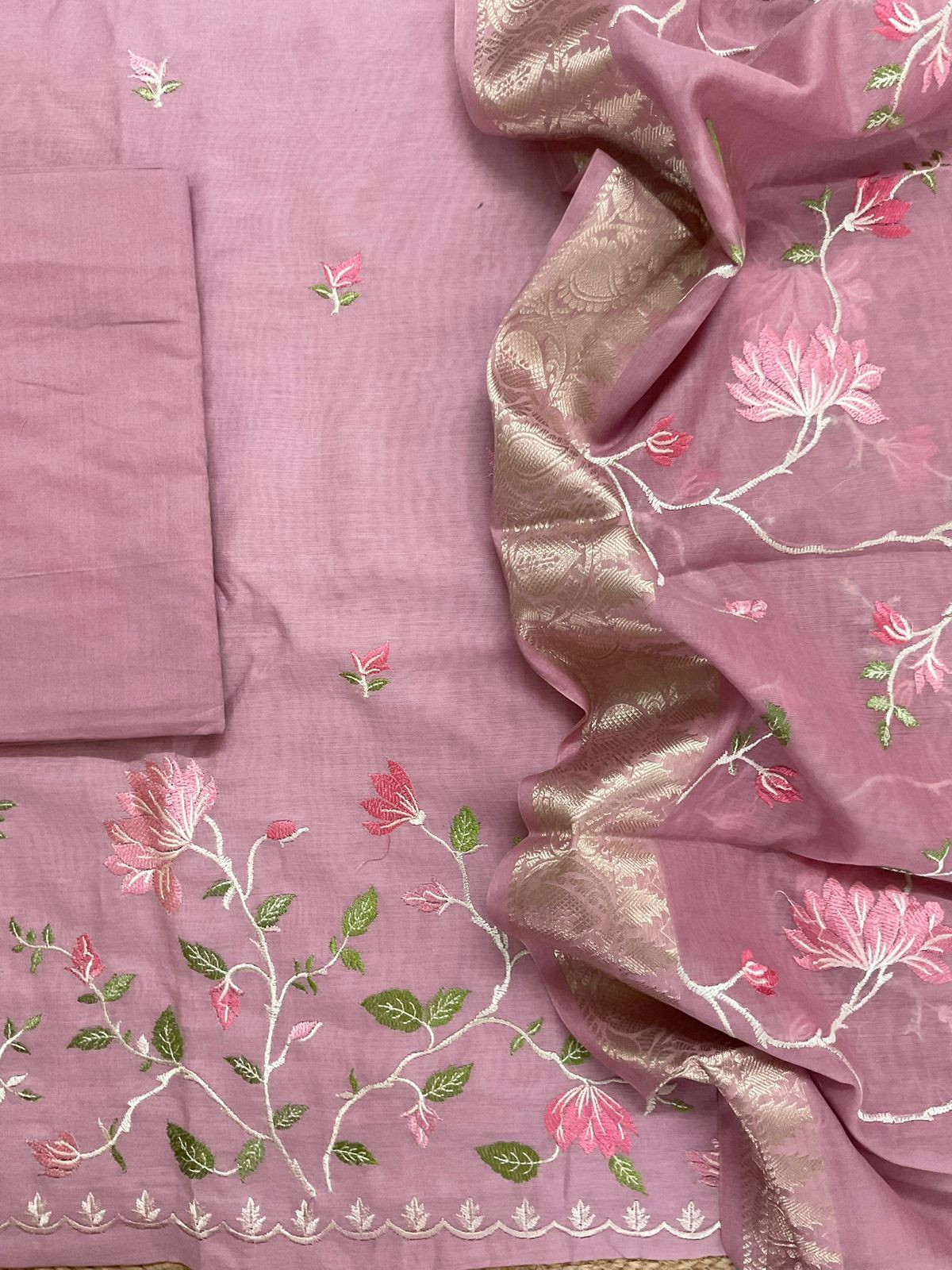 Soft Fine Chanderi Embroidered Suit - Onion Pink