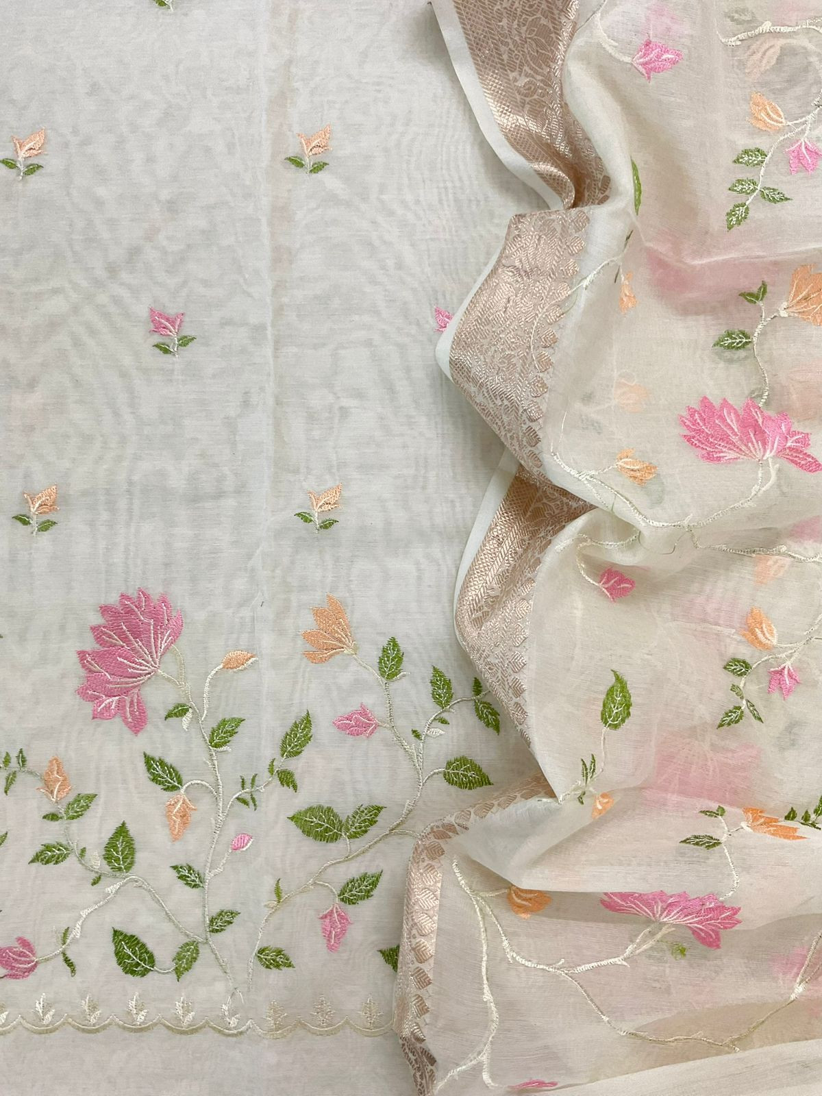 Soft Fine Chanderi Embroidered Suit - Off White