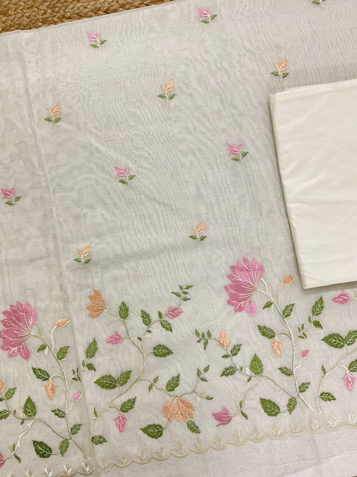 Soft Fine Chanderi Embroidered Suit - Off White