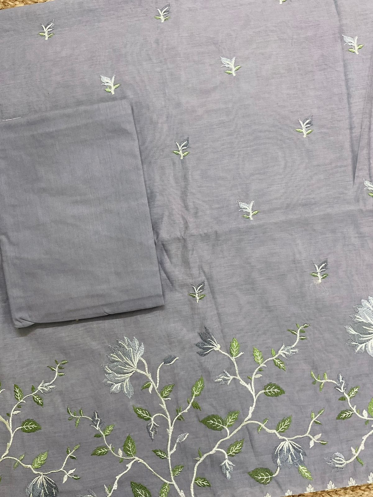 Soft Fine Chanderi Embroidered Suit - Lilac Grey