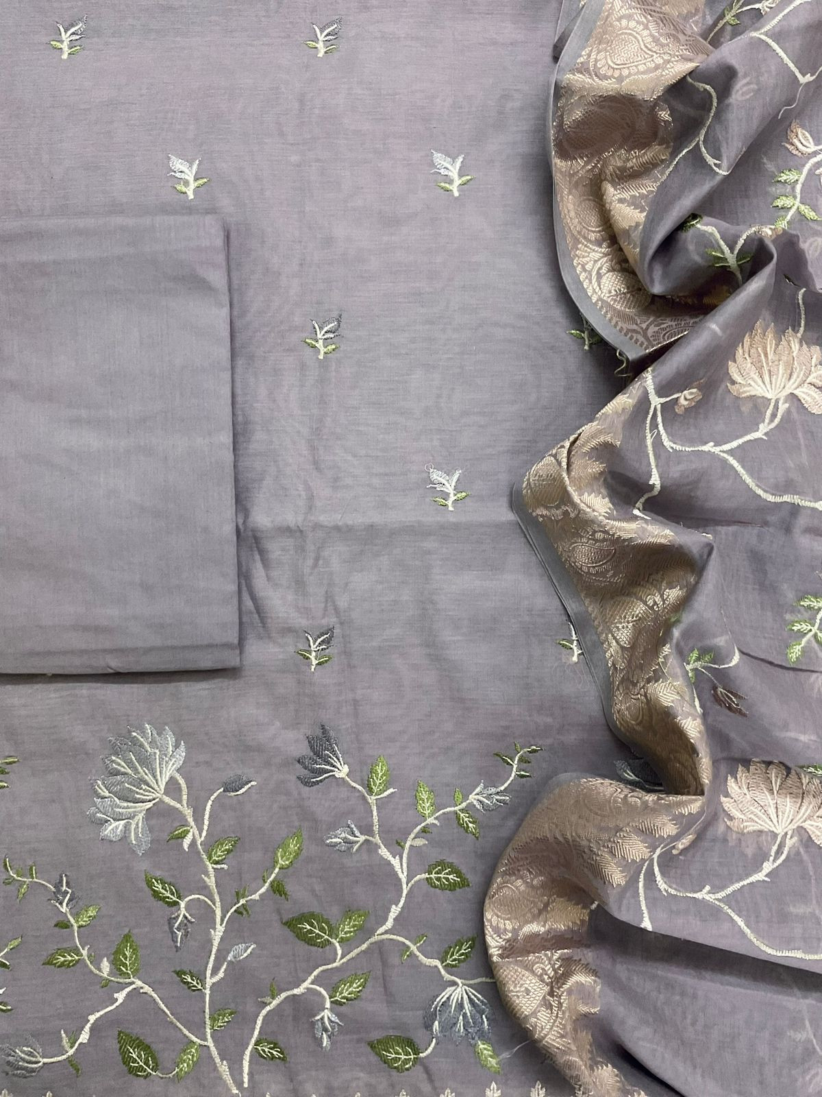Soft Fine Chanderi Embroidered Suit - Lilac Grey