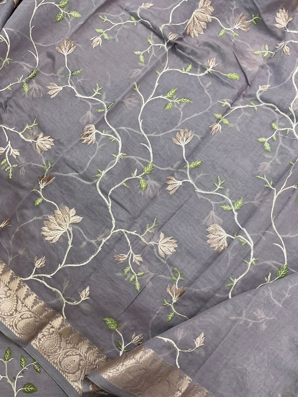Soft Fine Chanderi Embroidered Suit - Lilac Grey