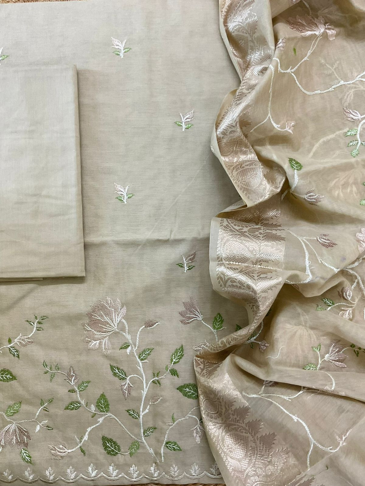 Soft Fine Chanderi Embroidered Suit - Beige