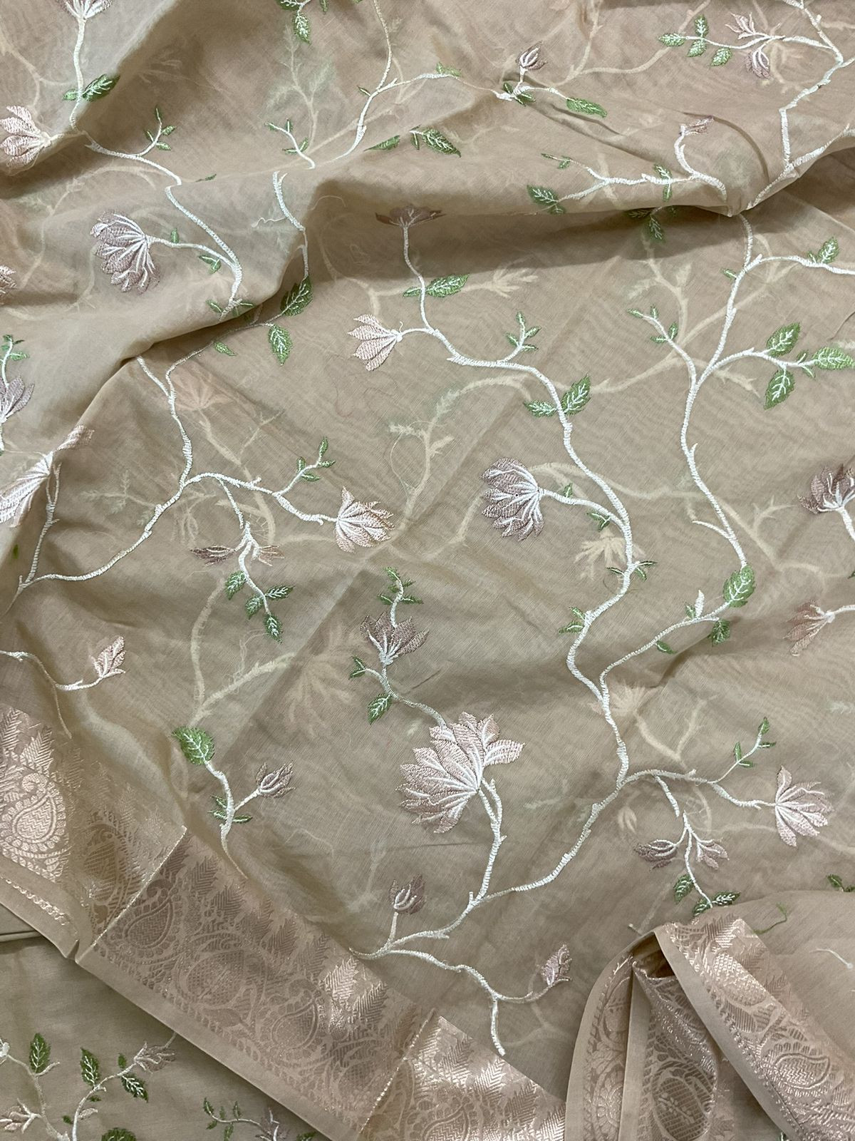 Soft Fine Chanderi Embroidered Suit - Beige