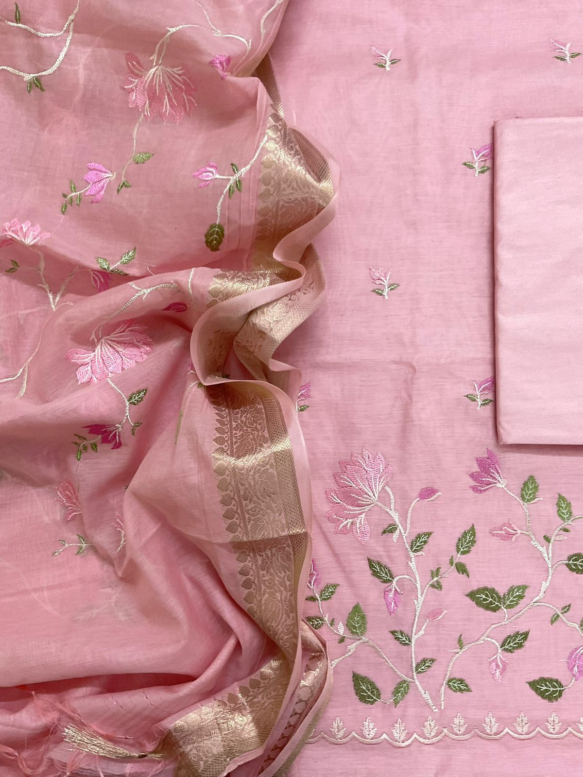 Soft Fine Chanderi Embroidered Suit - Pink