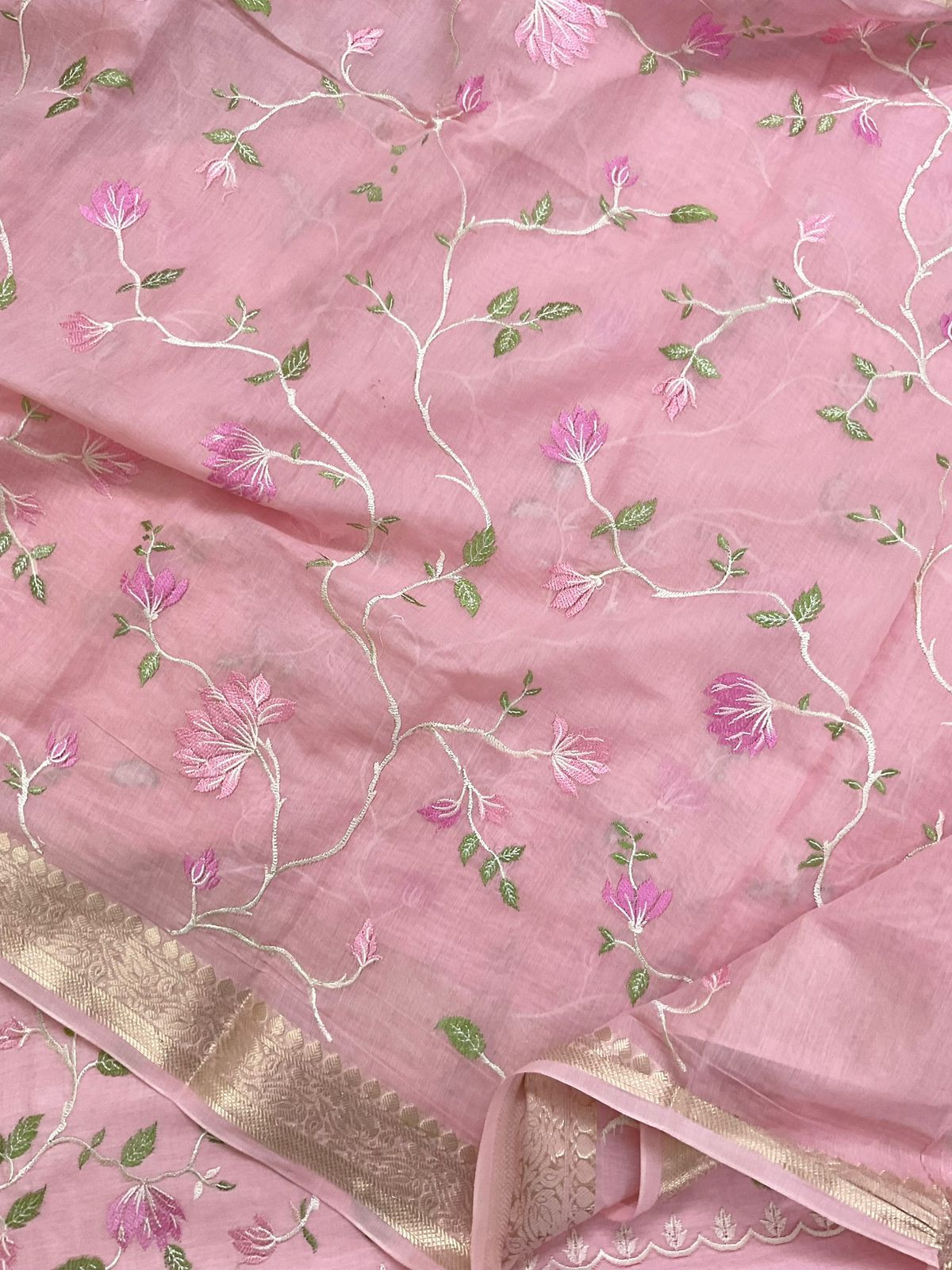 Soft Fine Chanderi Embroidered Suit - Pink