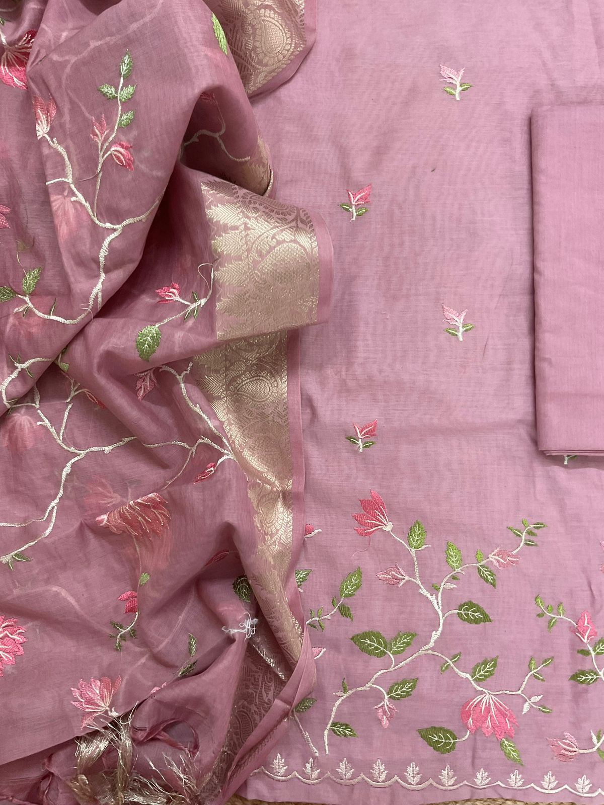 Soft Fine Chanderi Embroidered Suit - Onion Pink