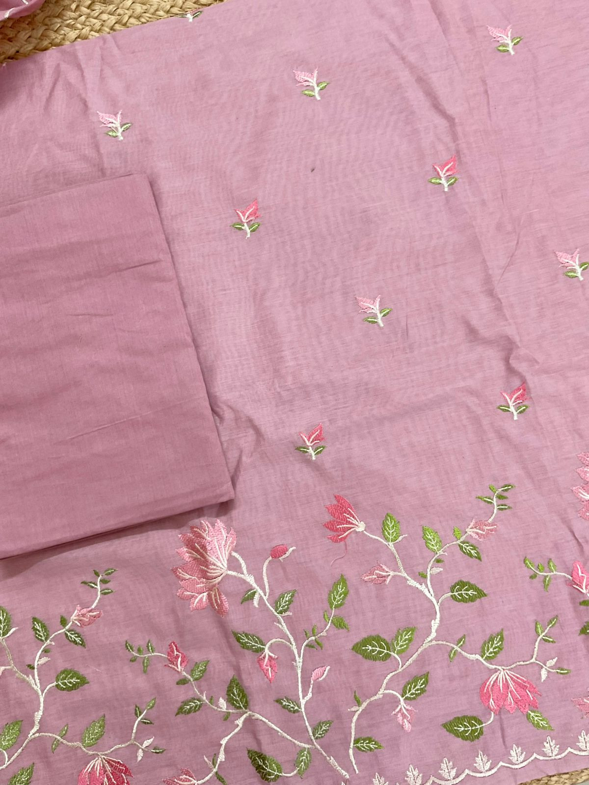 Soft Fine Chanderi Embroidered Suit - Onion Pink