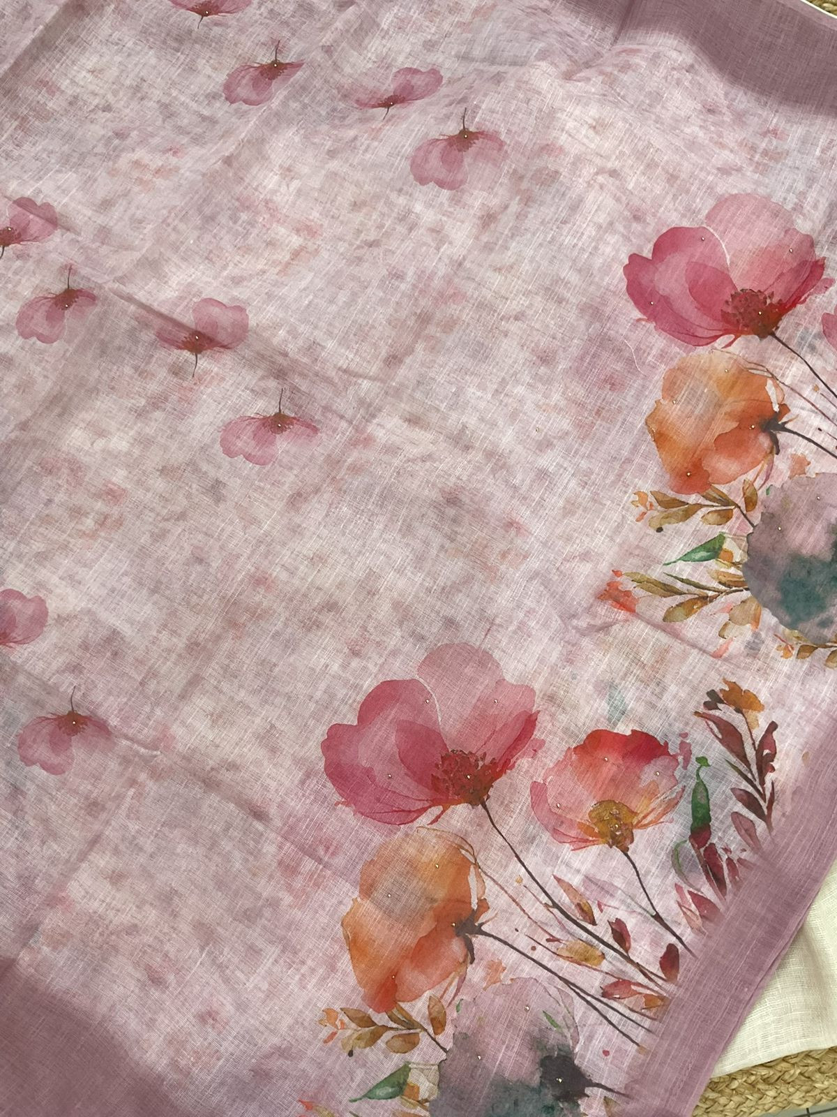 Soft Linen Jute Cotton Printed Embroidered Suit - Beige