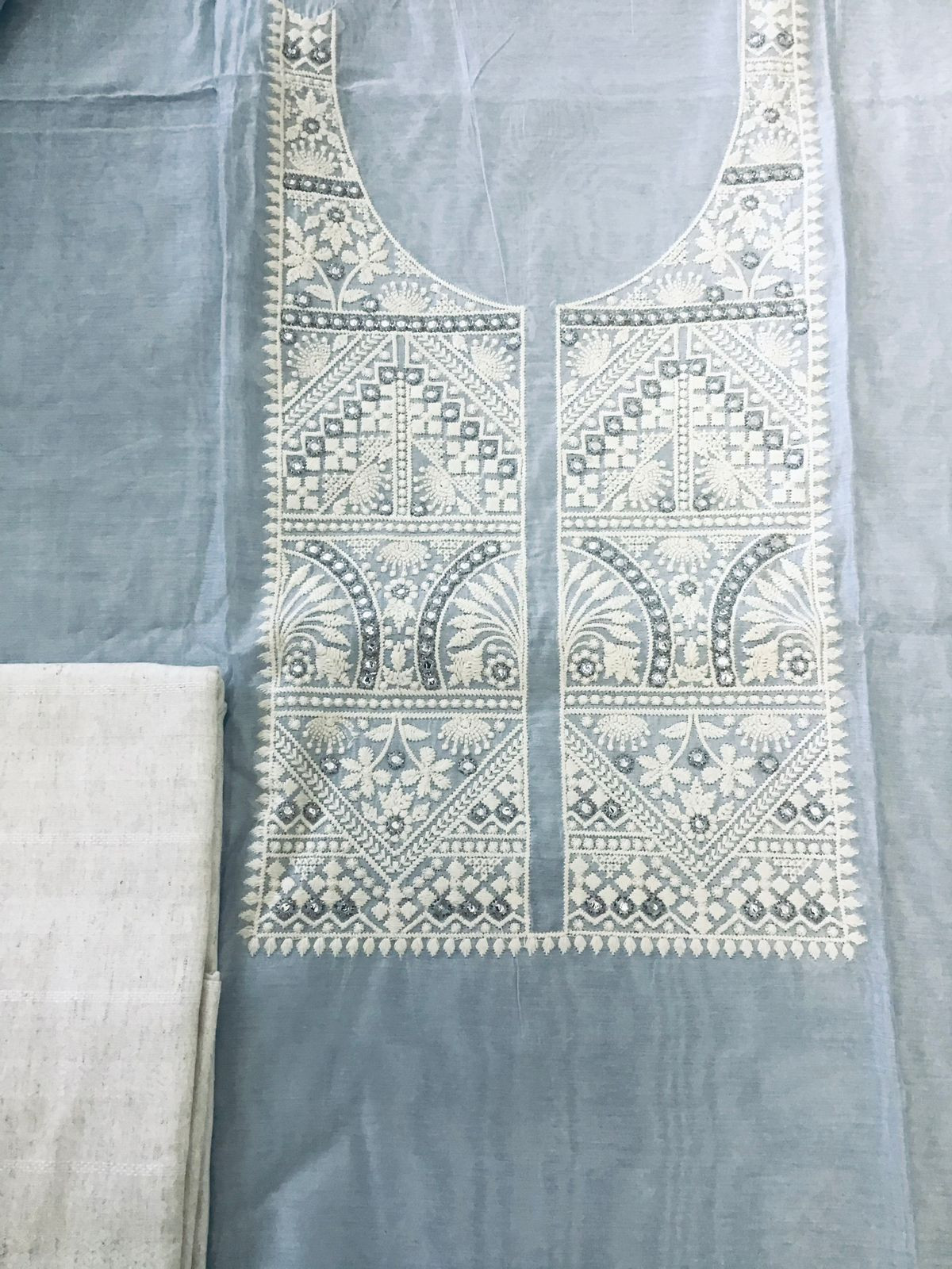 Soft Cotton Silk Embroidered Suit - Blue