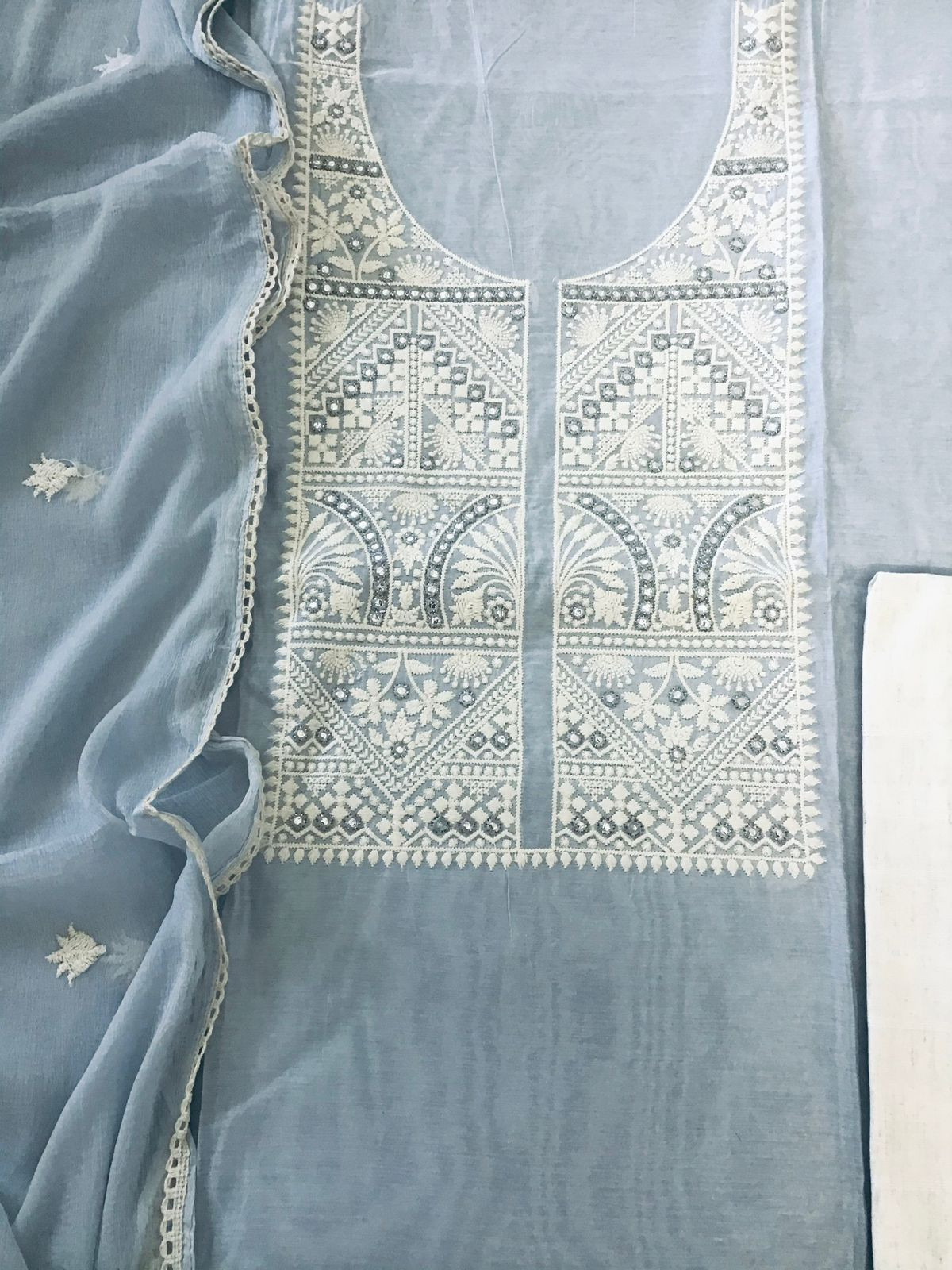 Soft Cotton Silk Embroidered Suit - Blue