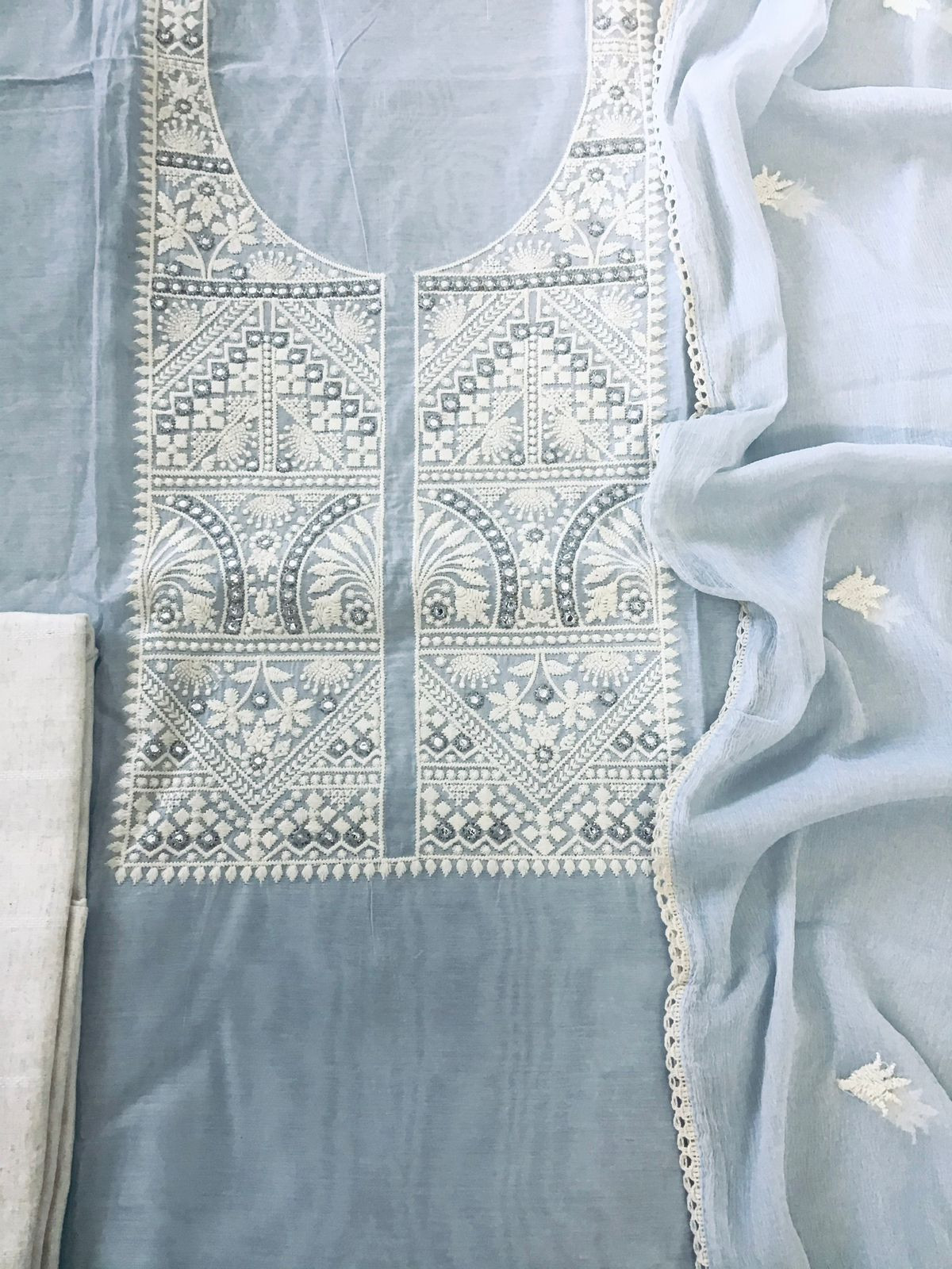 Soft Cotton Silk Embroidered Suit - Blue