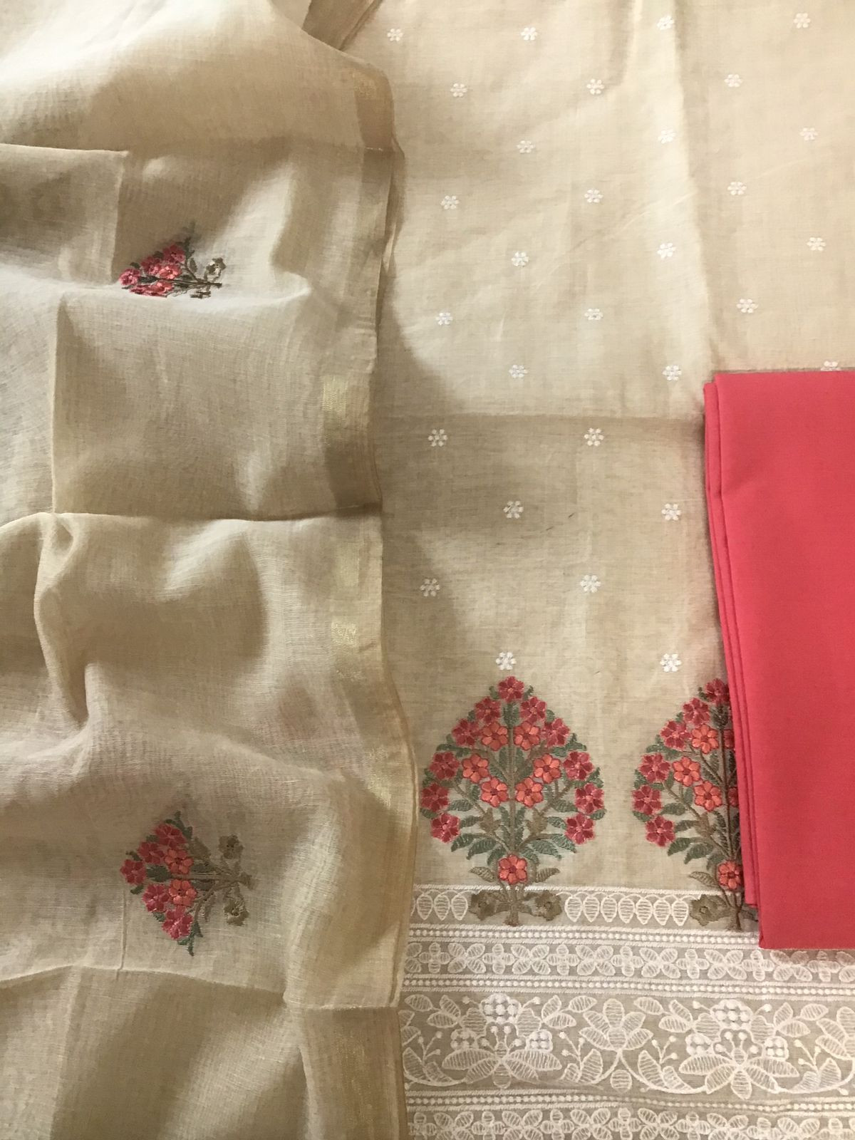 Soft Chanderi Embroidered Suit - Beige