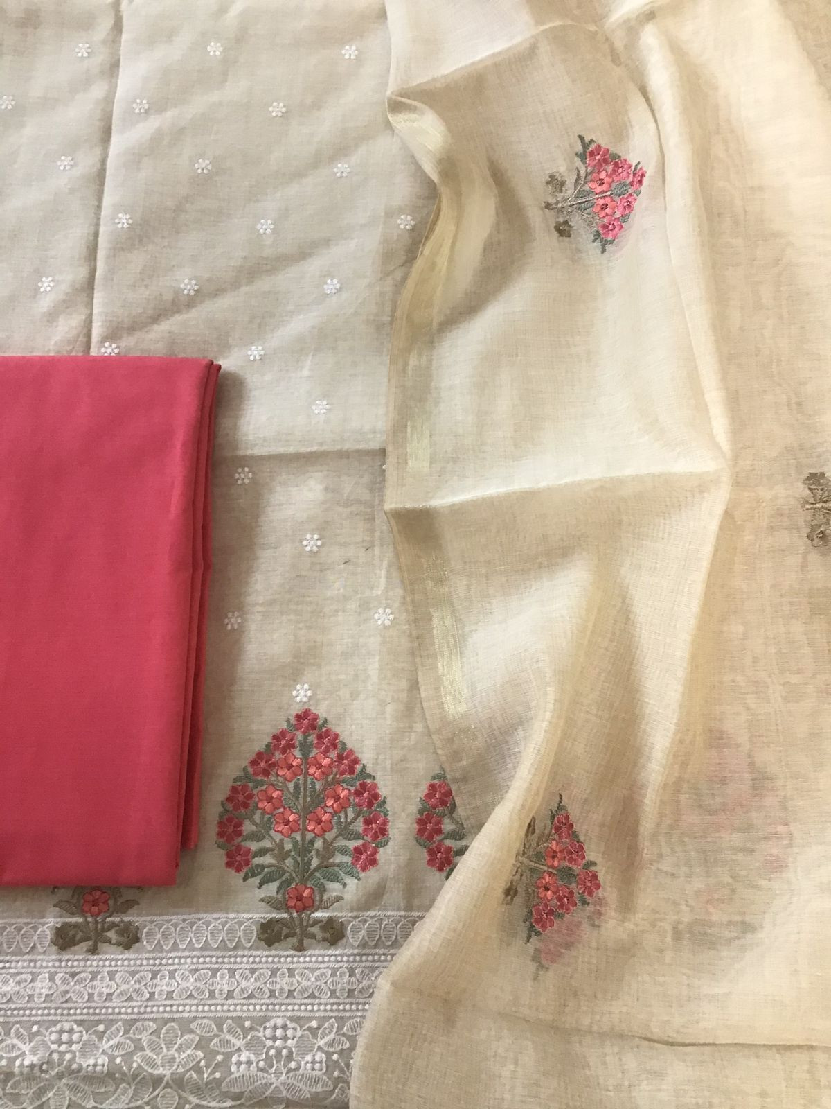 Soft Chanderi Embroidered Suit - Beige