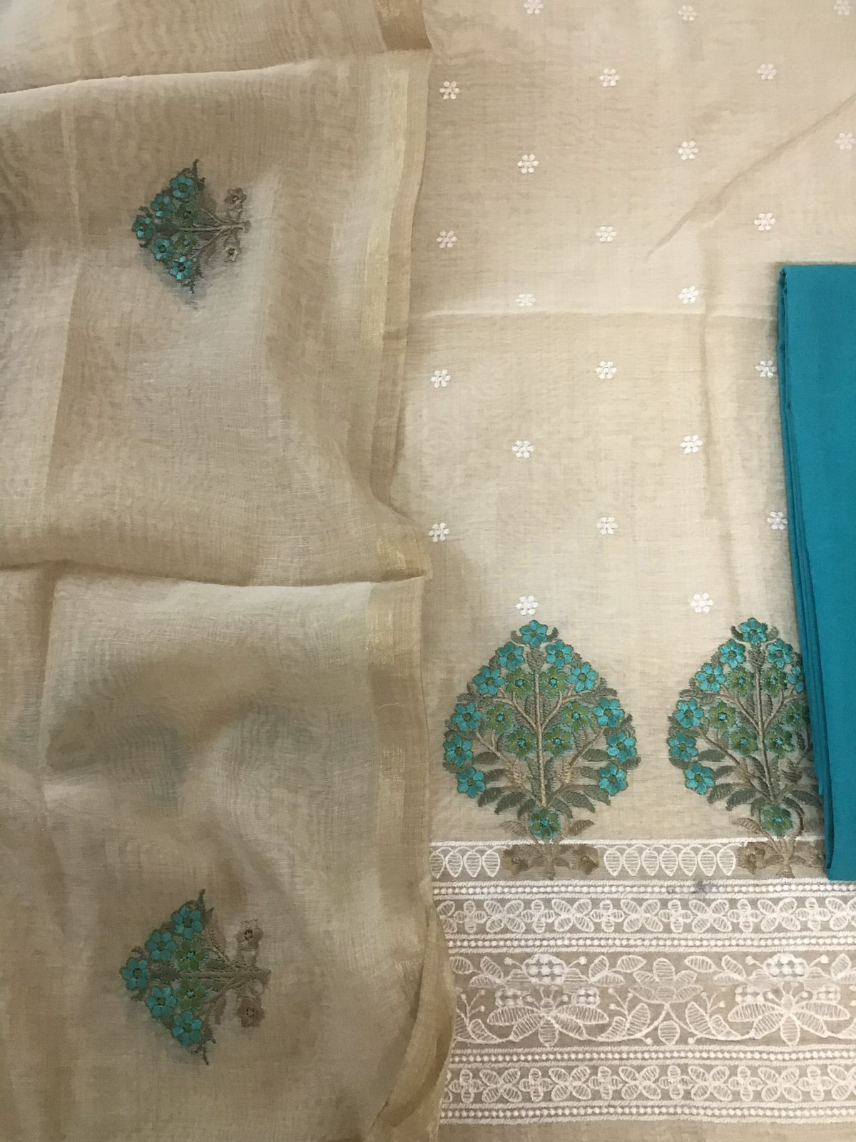 Soft Chanderi Embroidered Suit - Beige