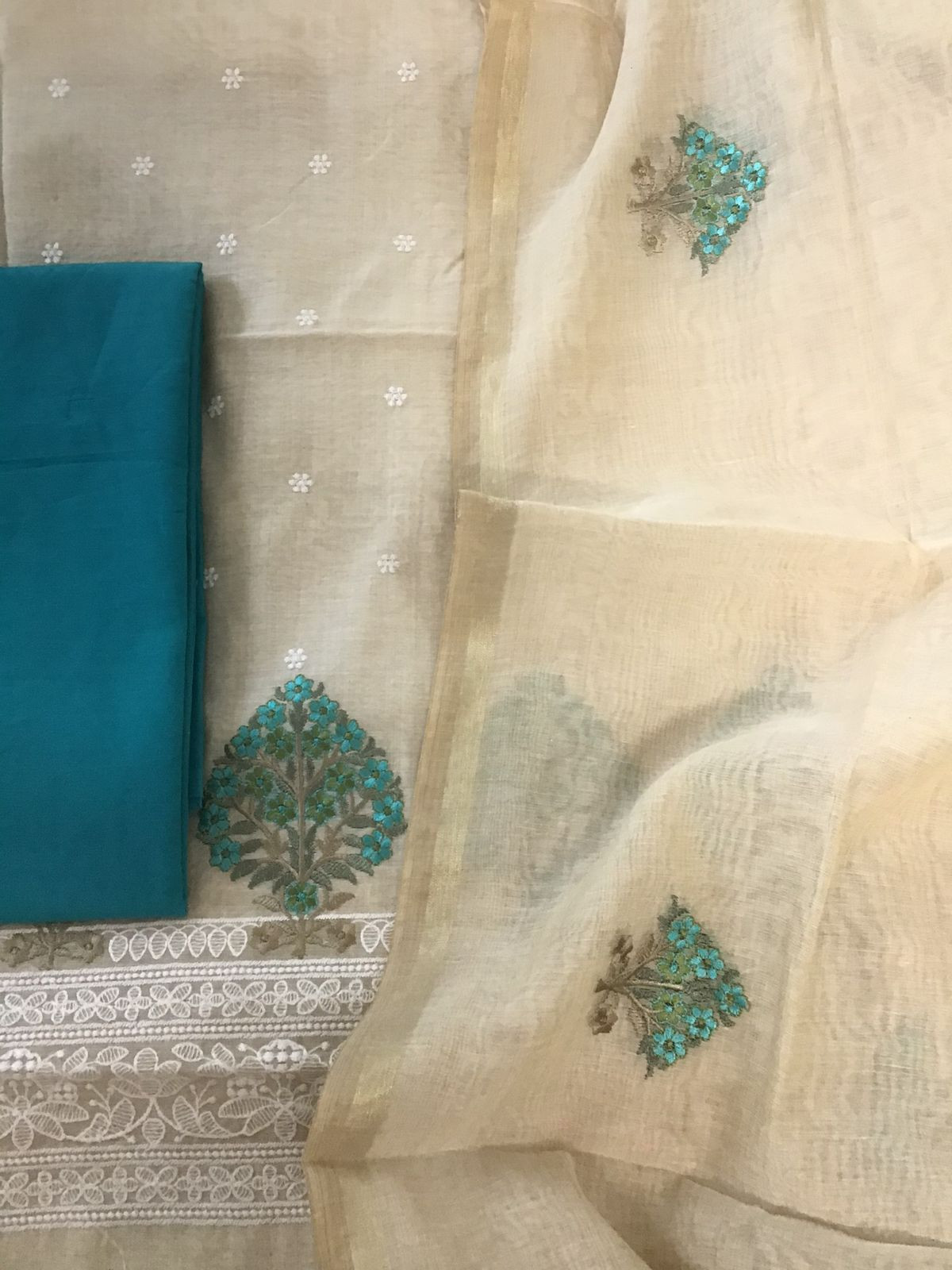 Soft Chanderi Embroidered Suit - Beige