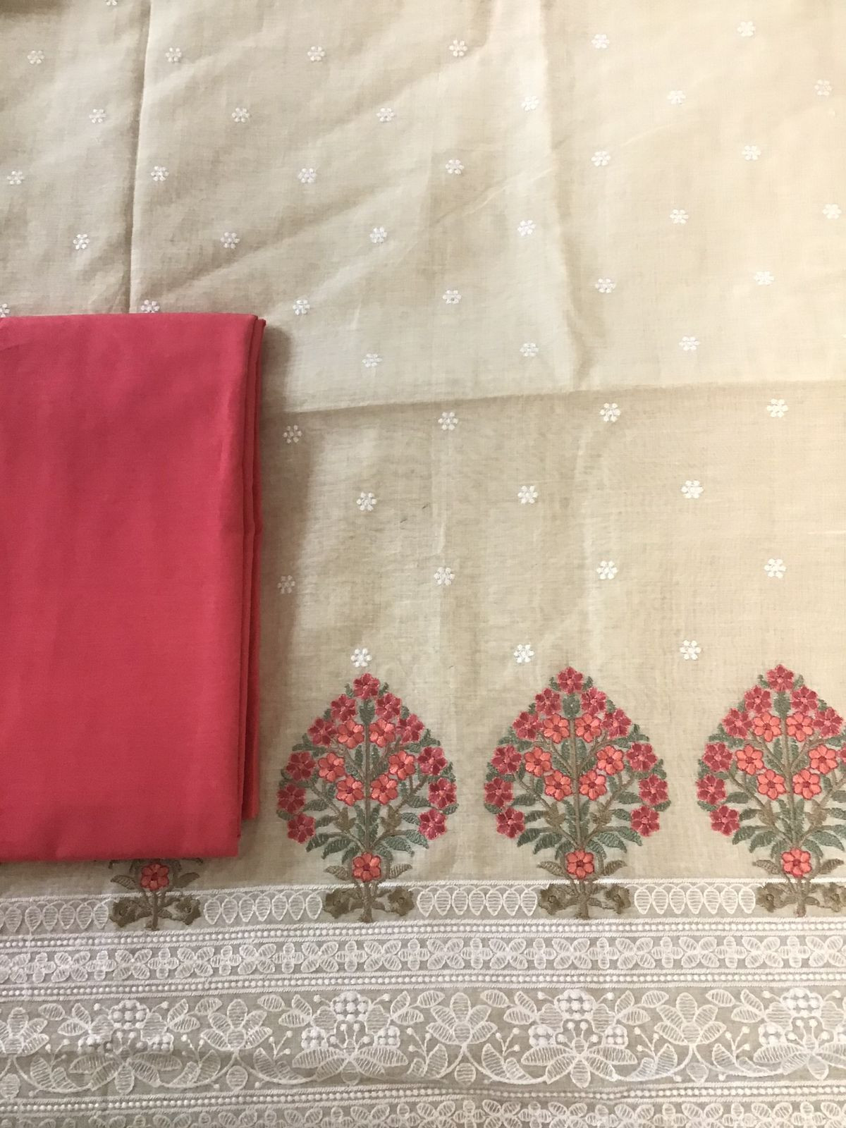 Soft Chanderi Embroidered Suit - Beige