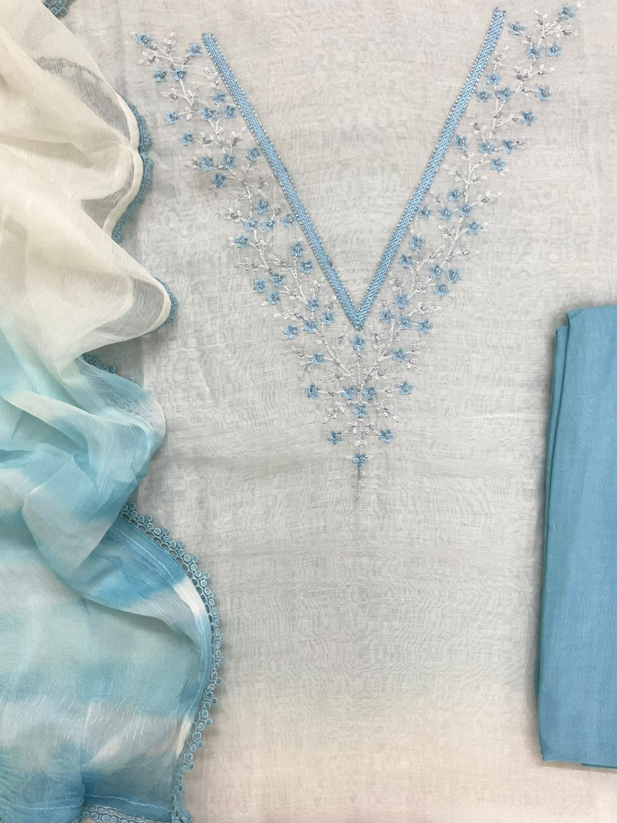 Pure Mul Chanderi Shaded Embroidered Suit - Offwhite