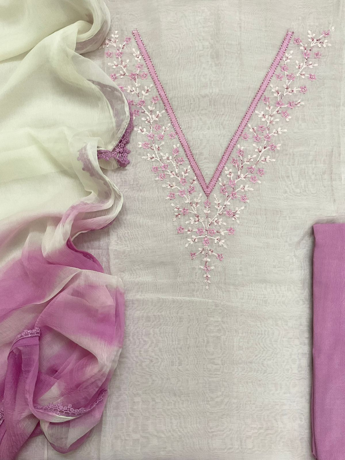 Pure Mul Chanderi Shaded Embroidered Suit - Offwhite