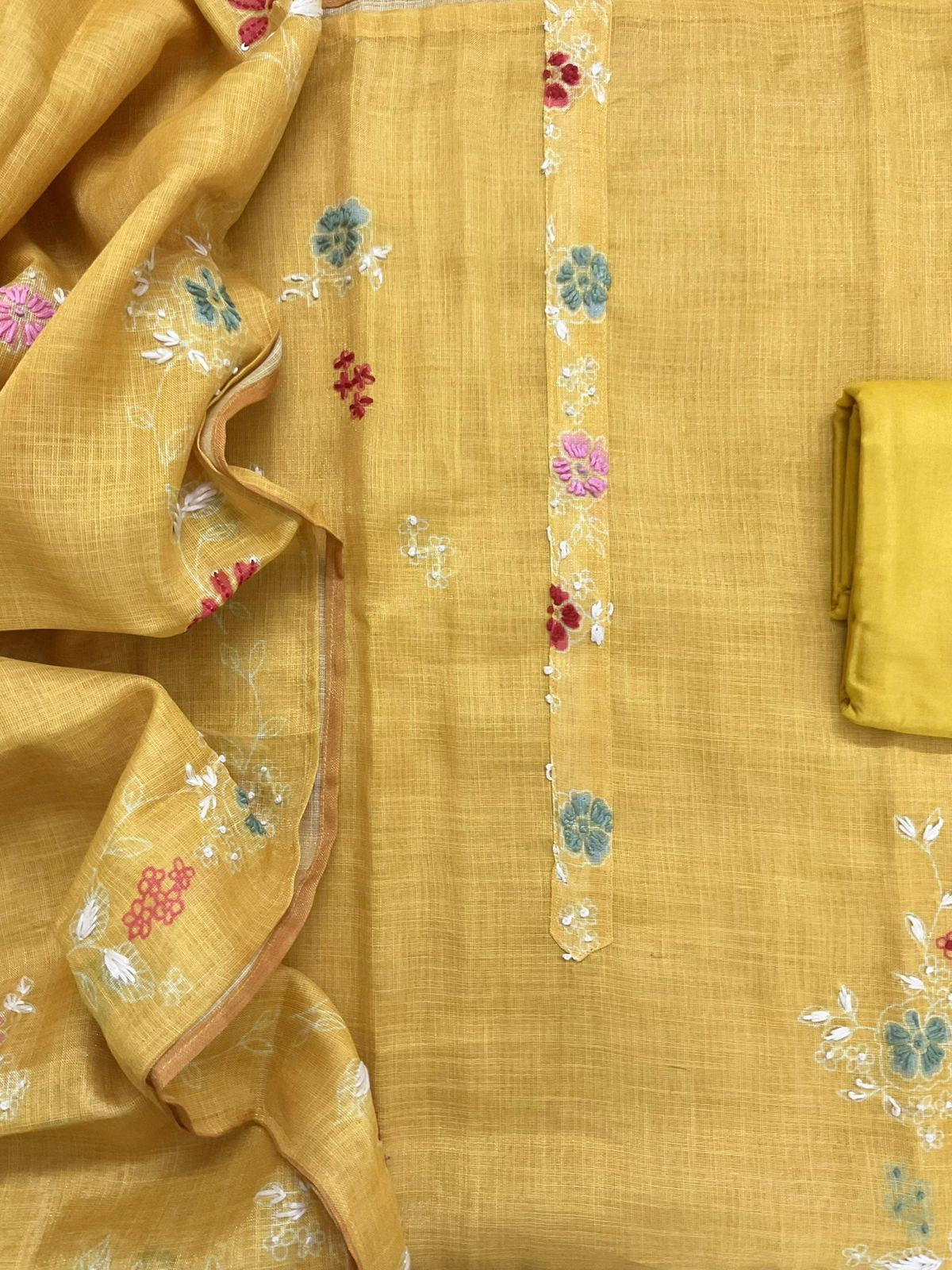 Soft Tissue Slub Cotton Printed Embroidered Suit - Yellow
