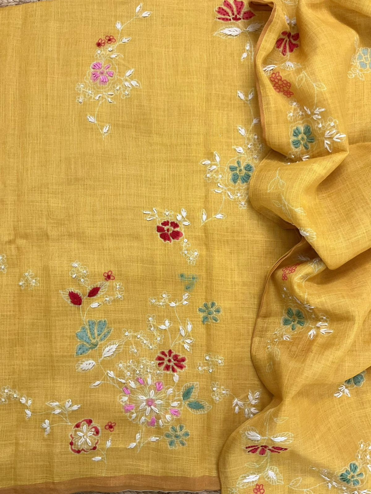 Soft Tissue Slub Cotton Printed Embroidered Suit - Yellow