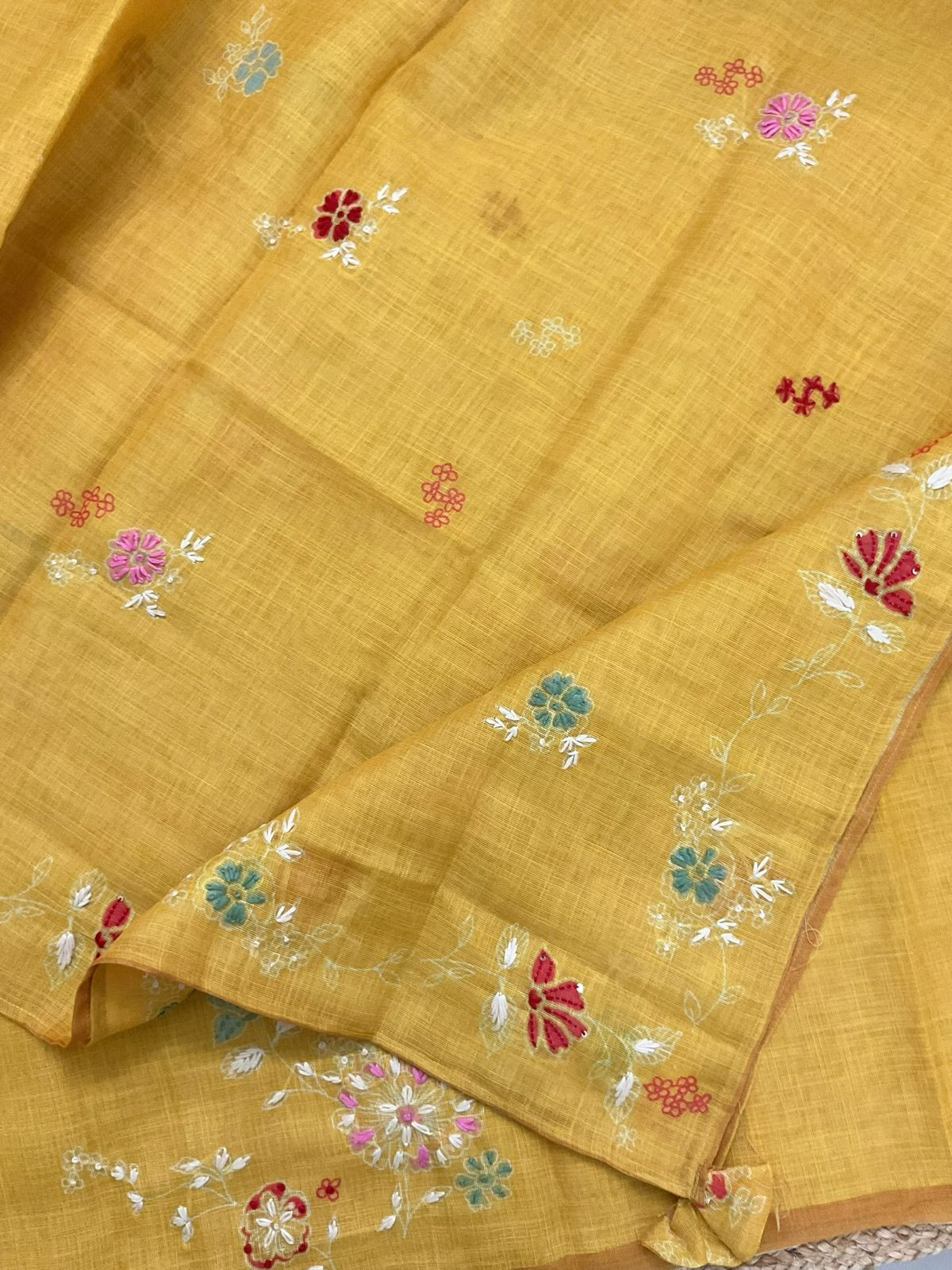 Soft Tissue Slub Cotton Printed Embroidered Suit - Yellow