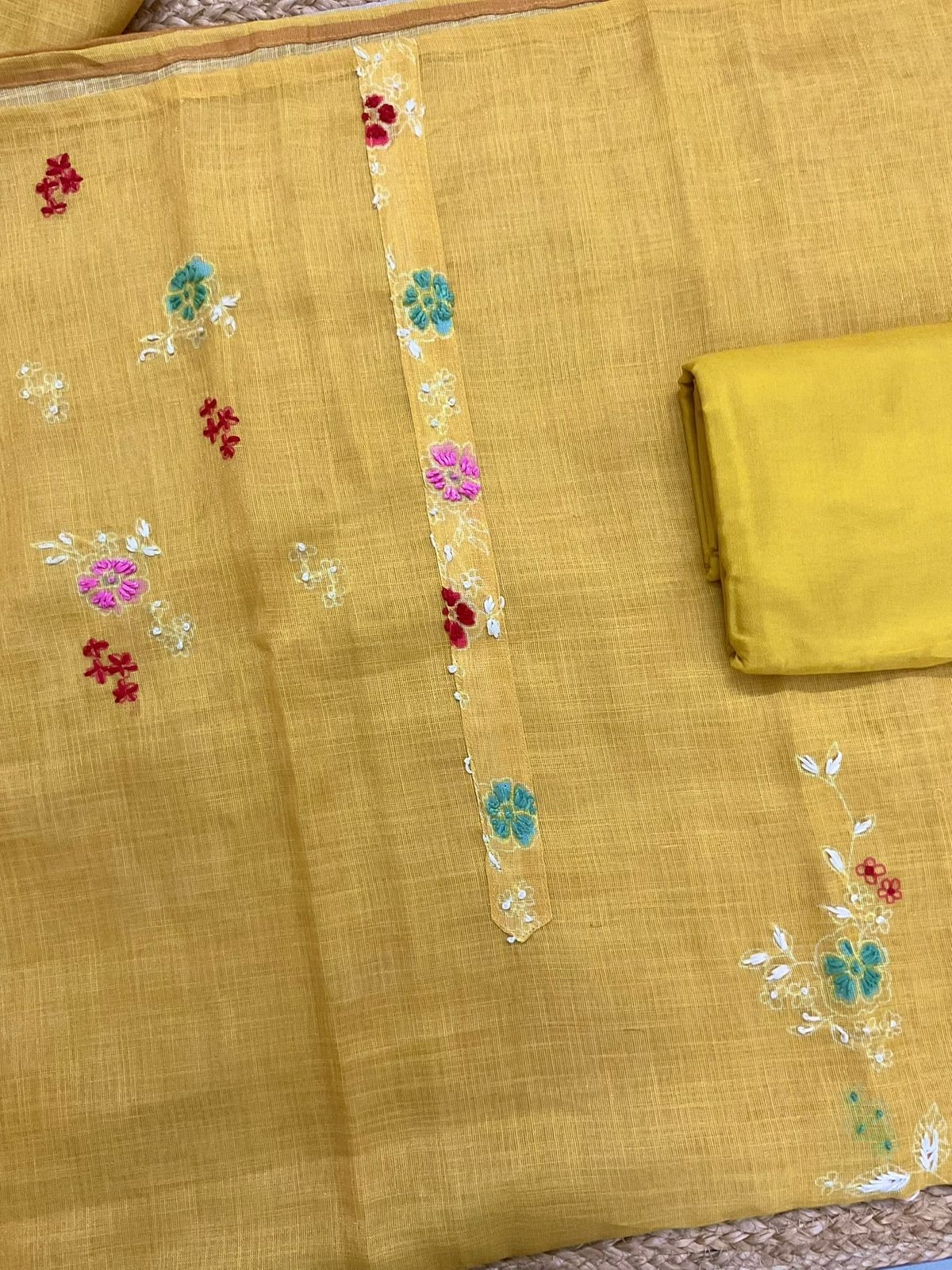 Soft Tissue Slub Cotton Printed Embroidered Suit - Yellow