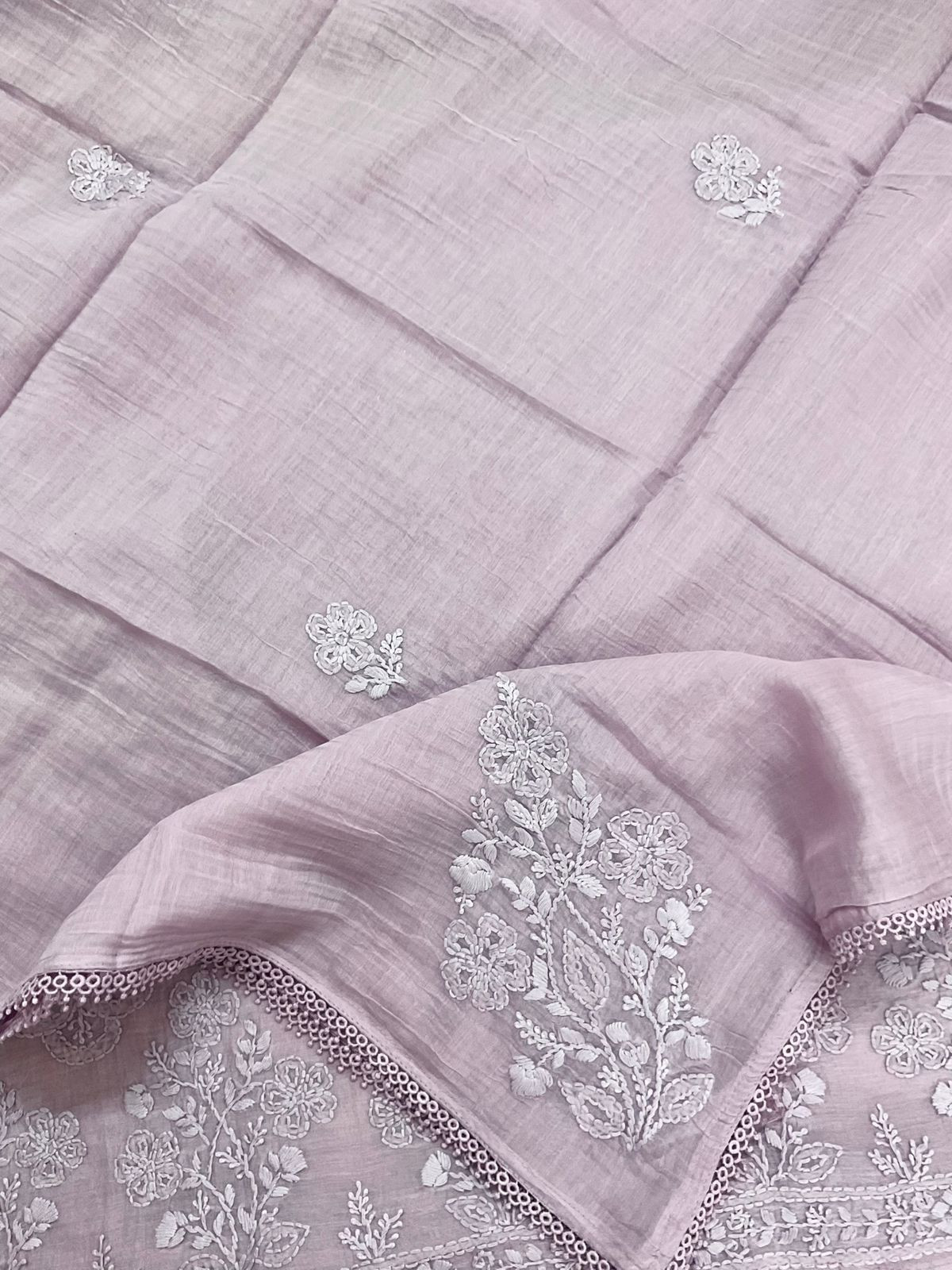 Pure Mul Chanderi Embroidered Suit - Lavender