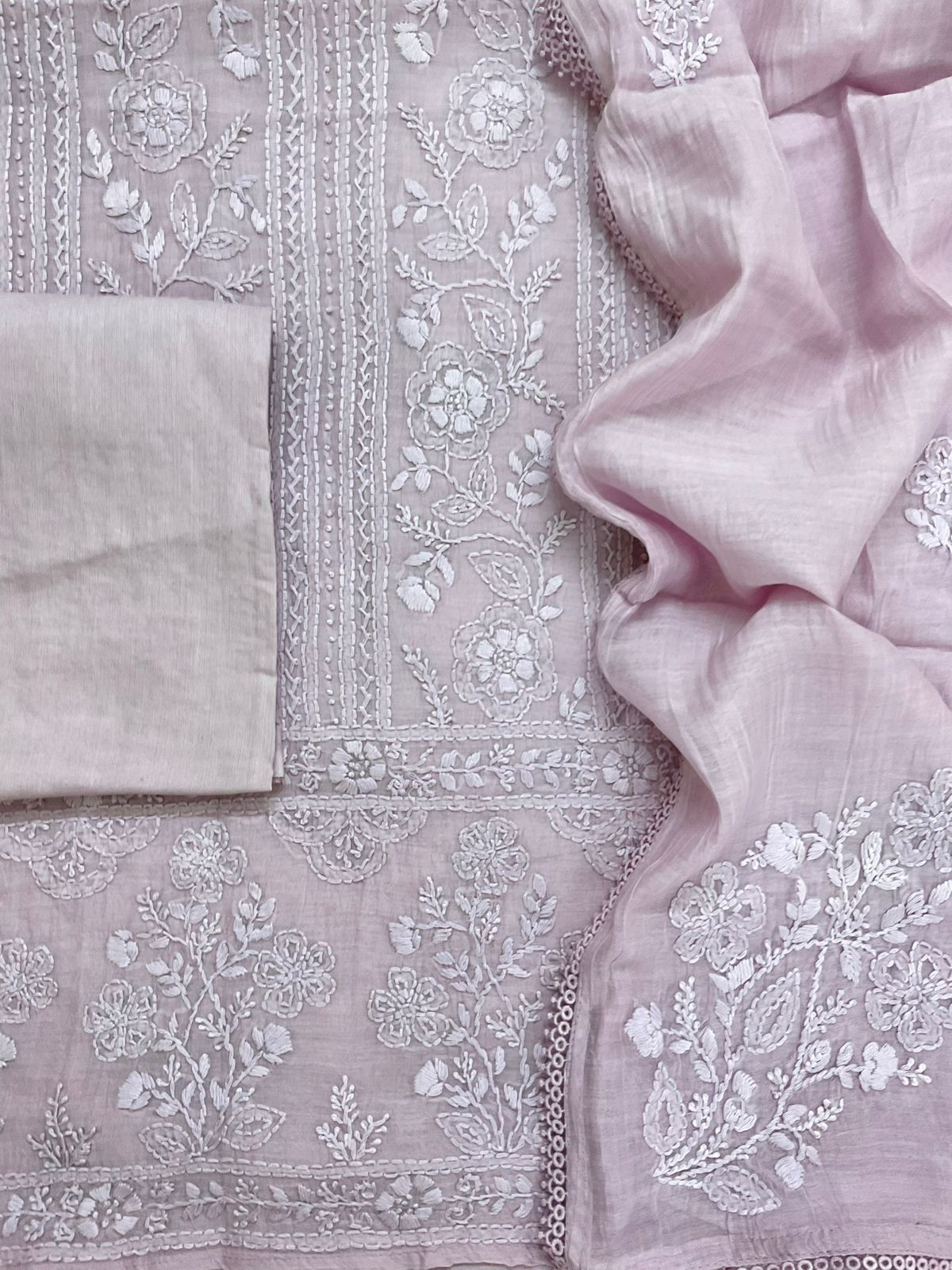 Pure Mul Chanderi Embroidered Suit - Lavender